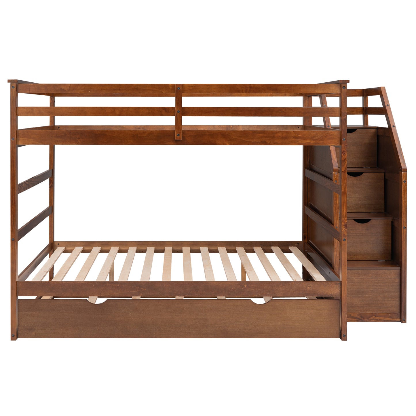 Full-over-Full Bunk Bed with Twin Size Trundle and 3 Storage Stairs,Walnut