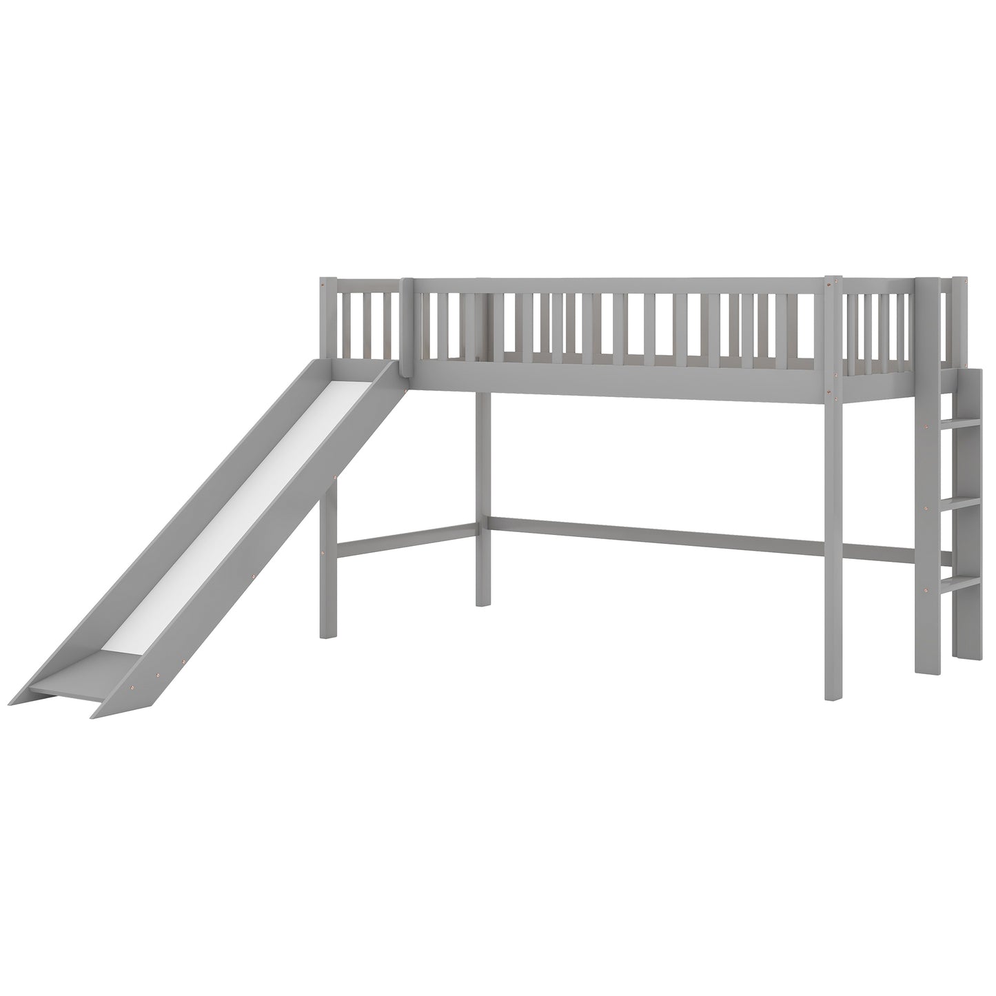 Twin Size Low Loft Bed with Ladder and Slide, Gray
