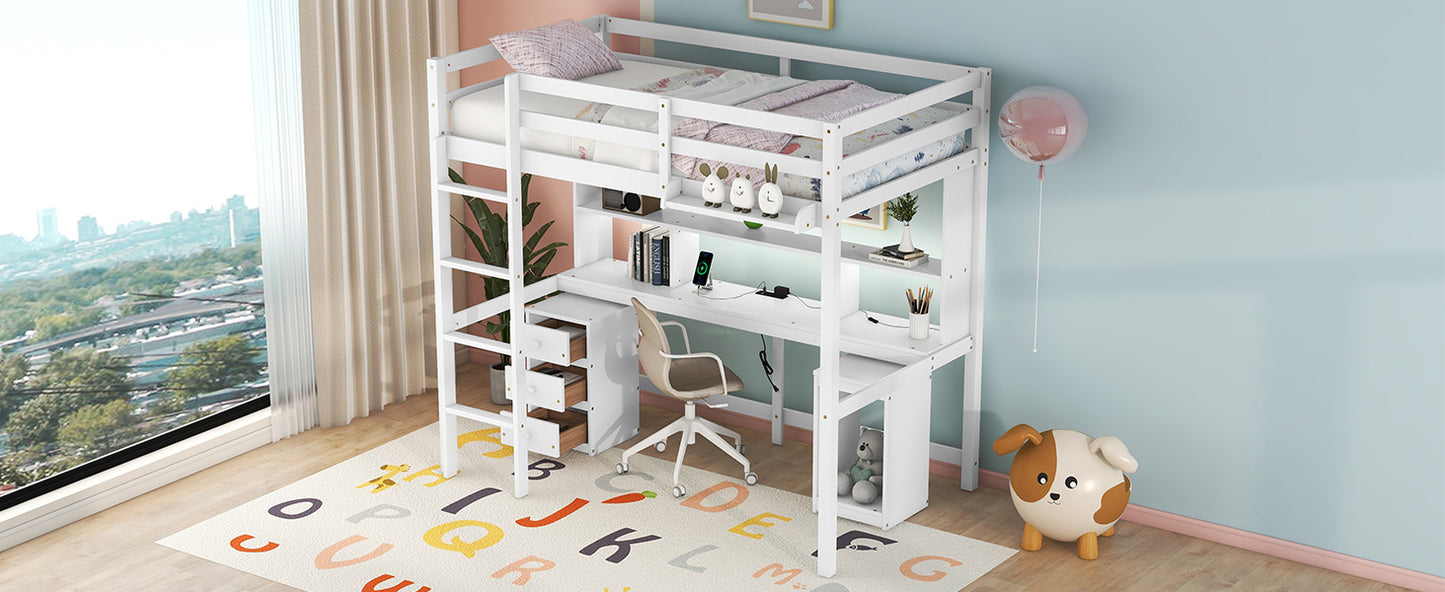 Twin Size Loft Bed with Multi-storage Desk, LED light and Bedside Tray, Charging Station, White