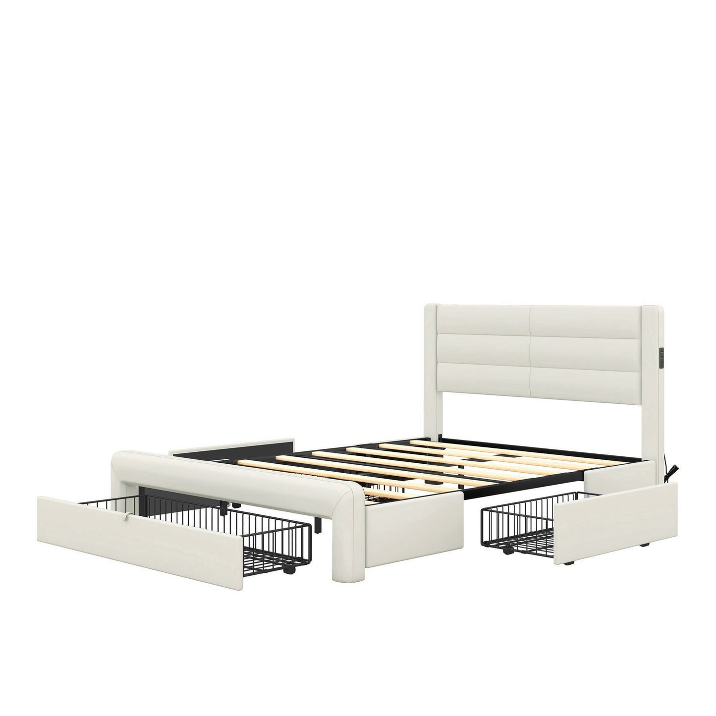 Queen Size Bed Frame with Drawers Storage, Leather Upholstered Platform Bed with Charging Station,Beige