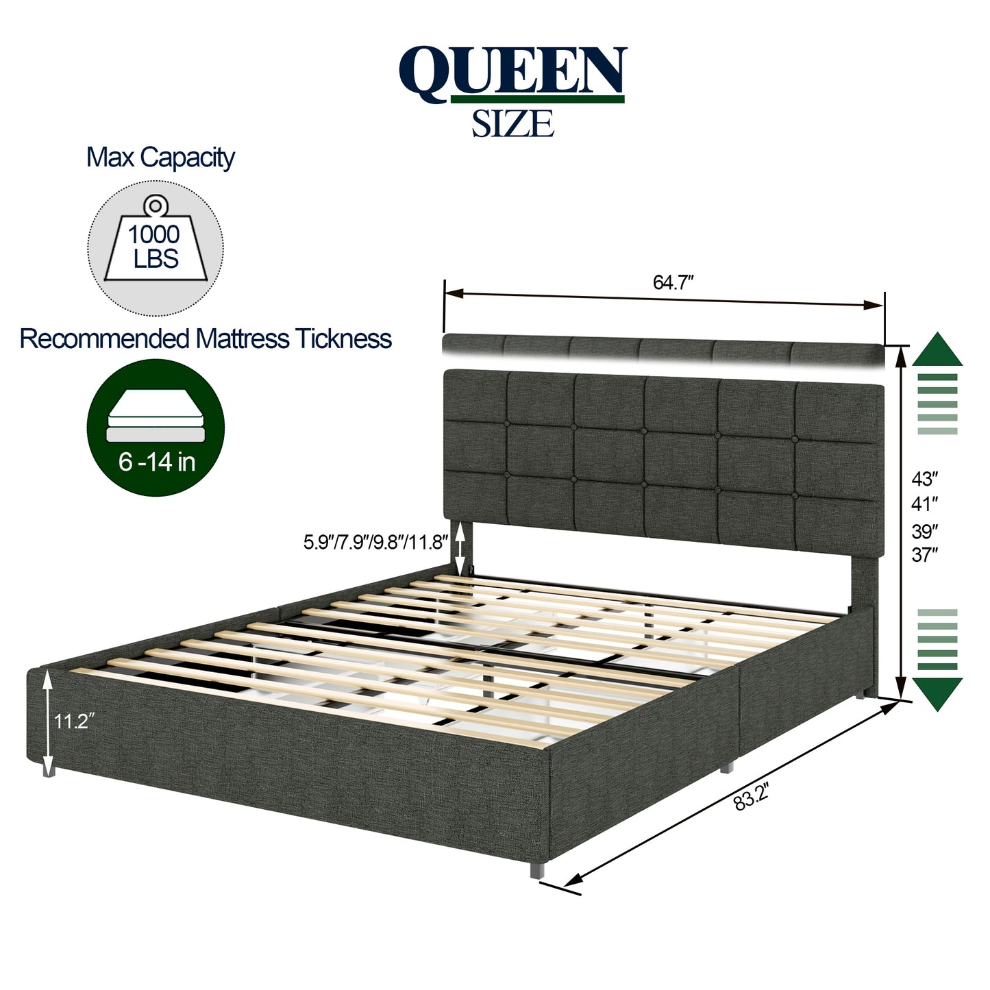 Vera Queen Size Gray Linen Upholstered Platform Bed with Patented 4 Drawers Storage, Square Stitched Button Tufted Headboard, Wooden Slat Mattress Support No Box Spring Required