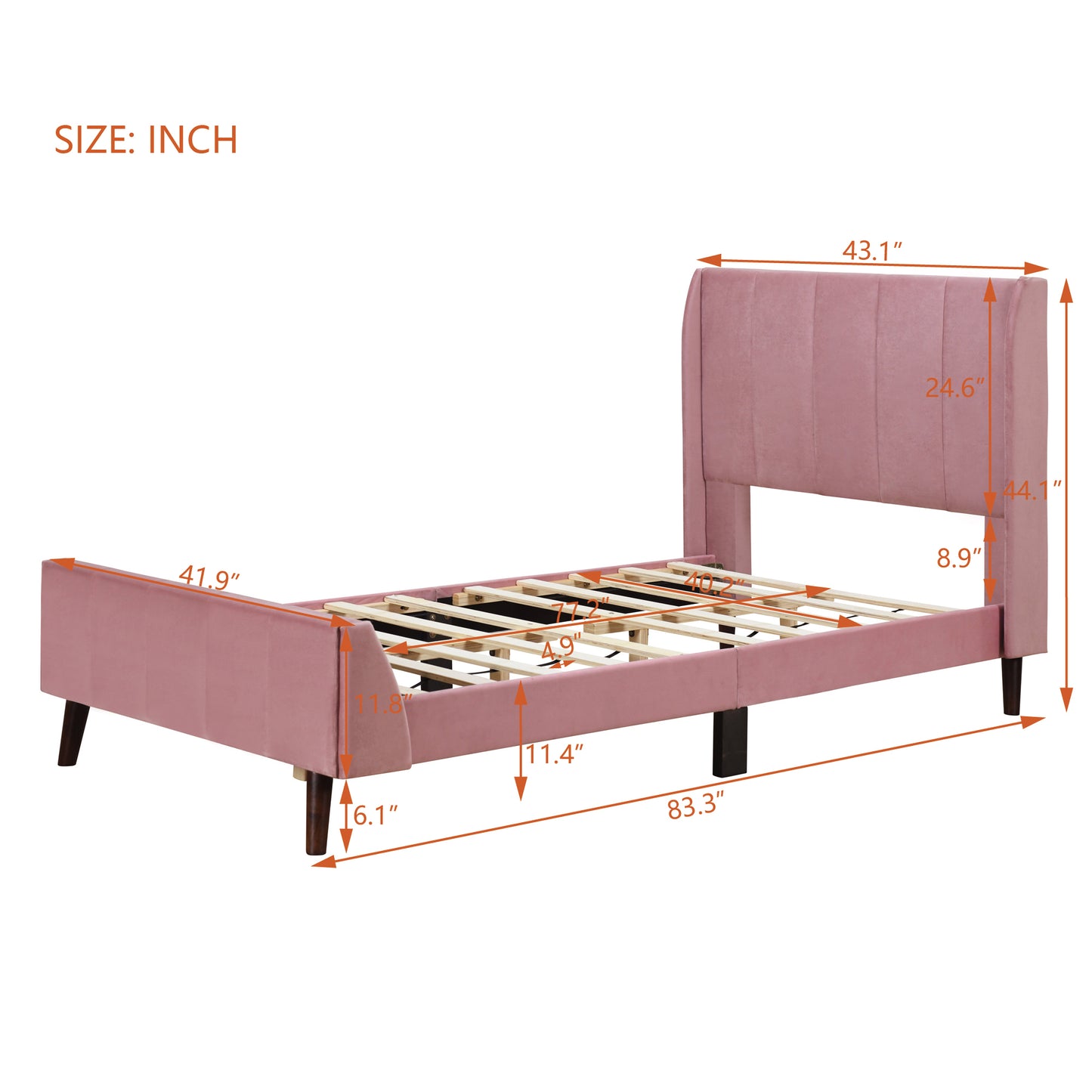 Twin Size Upholstered Platform Bed, Velvet, Pink