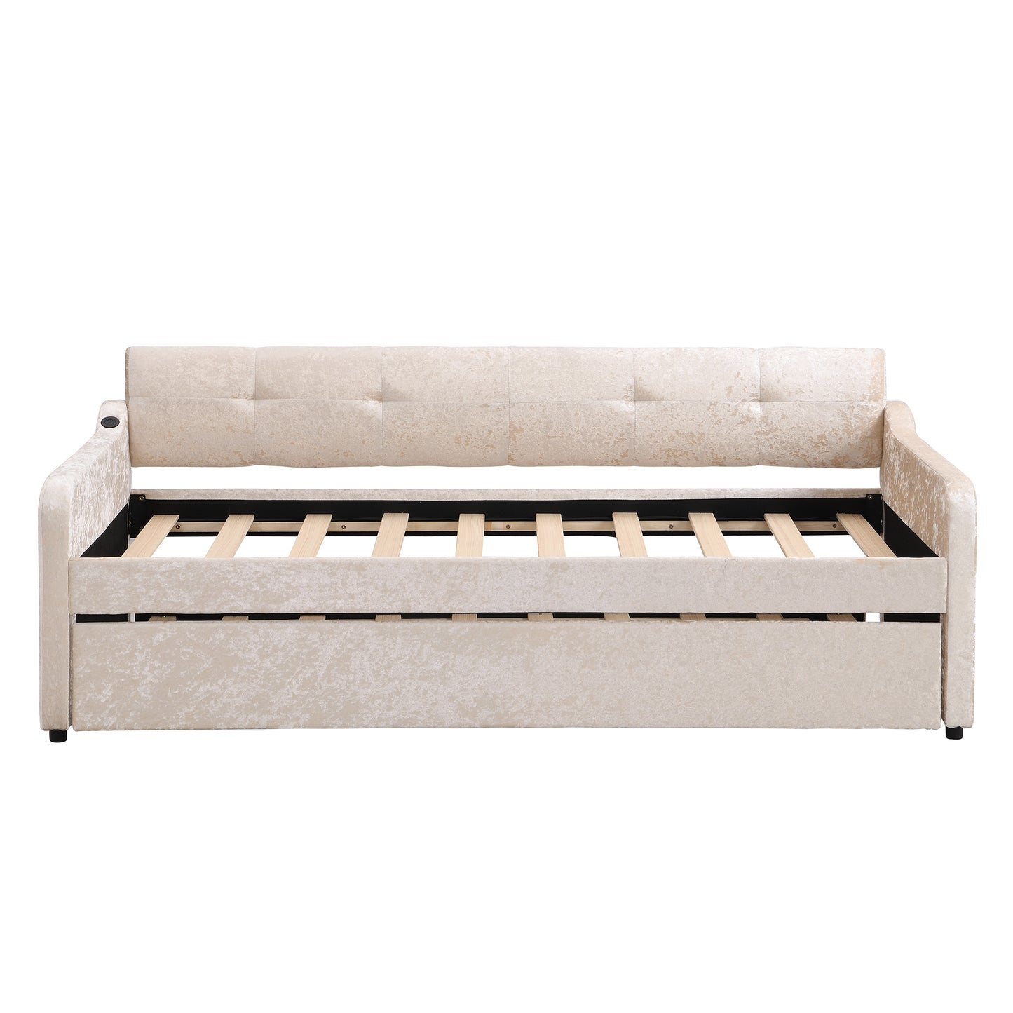 Twin Size Snowflake Velvet Daybed with Trundle and USB Charging Design,Beige