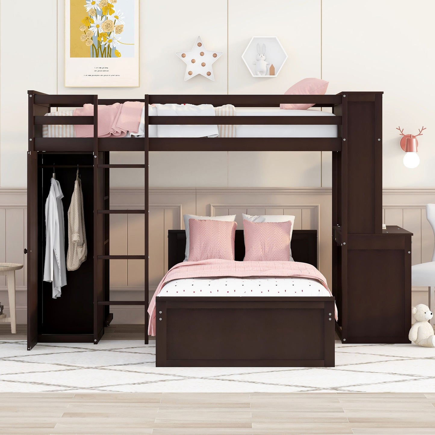 Twin size Loft Bed with a Stand-alone bed, Shelves,Desk,and Wardrobe-Espresso