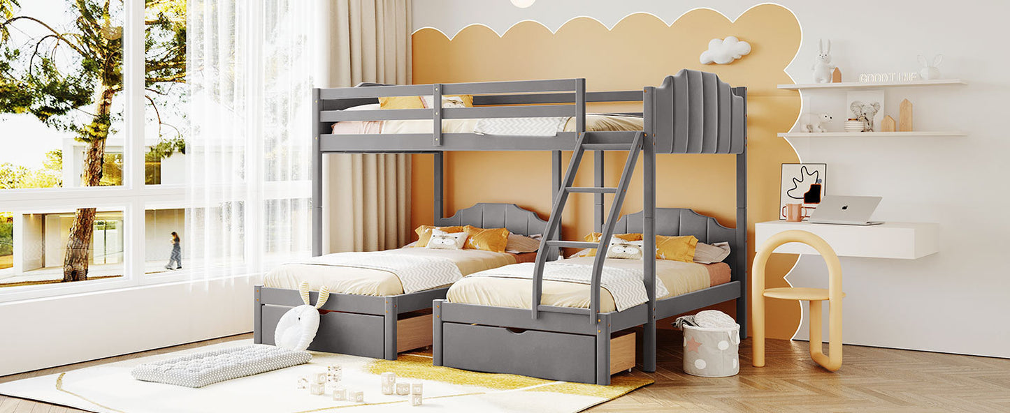 Full Over Twin & Twin Bunk Bed, Velvet Triple Bunk Bed with Drawers and Guardrails, Gray