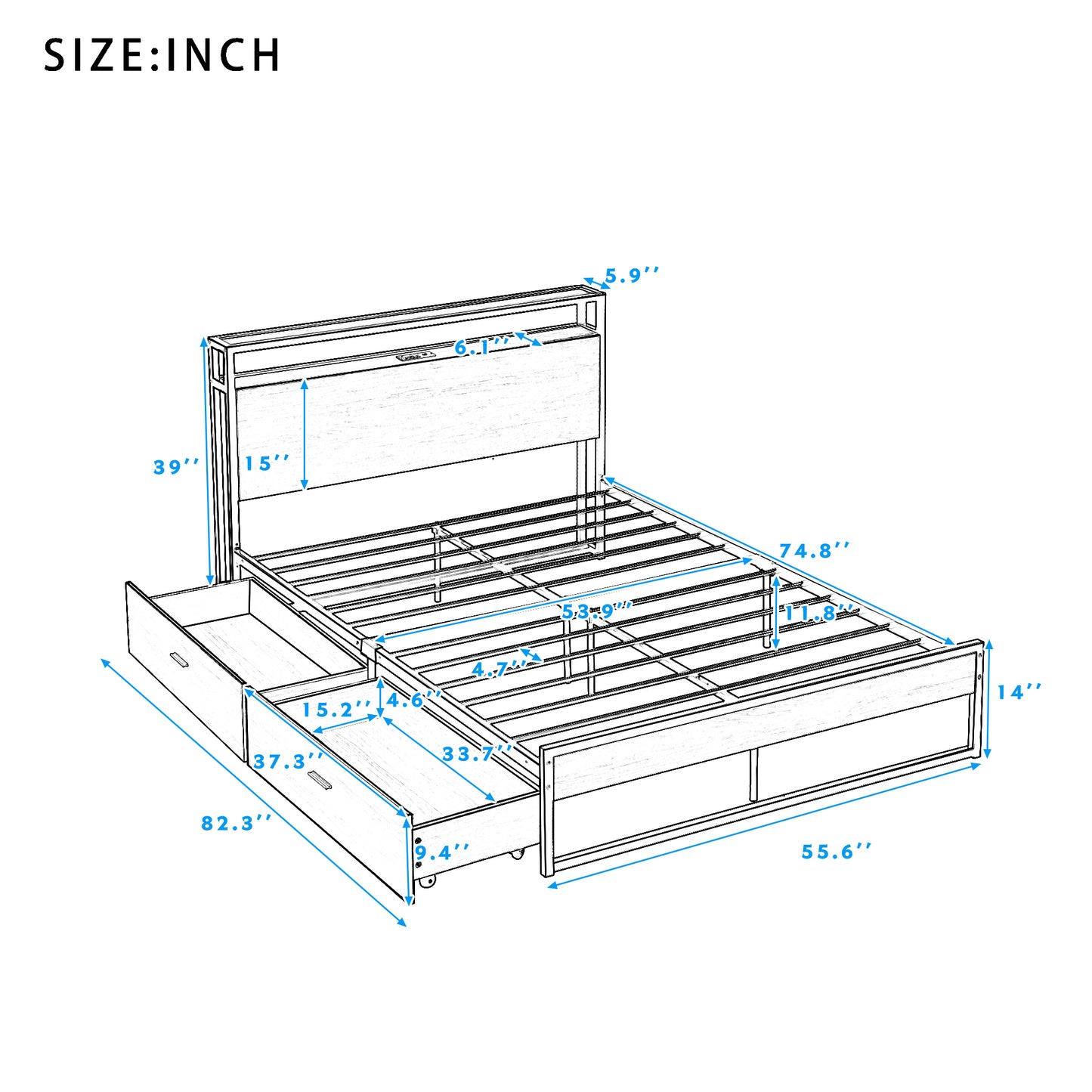 Full Size Metal Platform Bed Frame with  Two Drawers,Sockets and USB Ports ,Slat Support No Box Spring Needed Black
