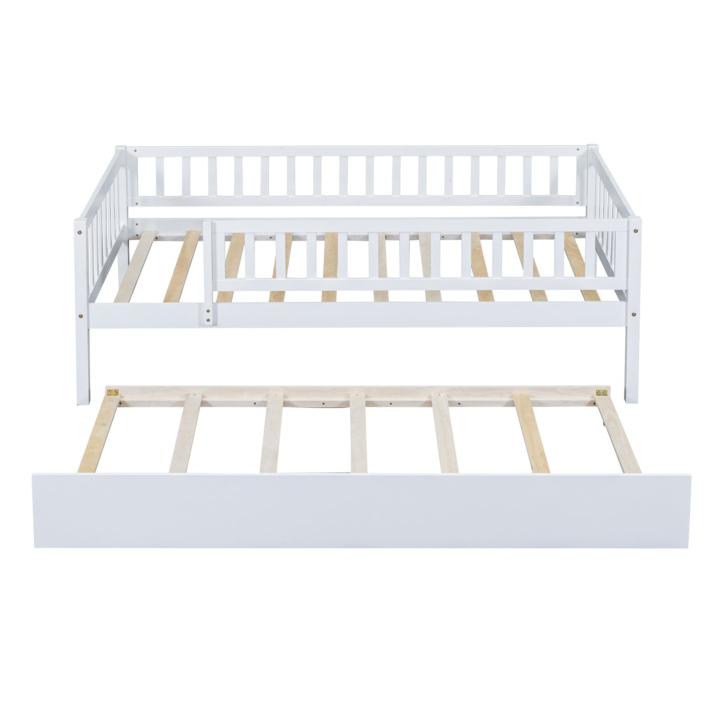 Twin Size Wood Daybed with Trundle and Fence Guardrails, White
