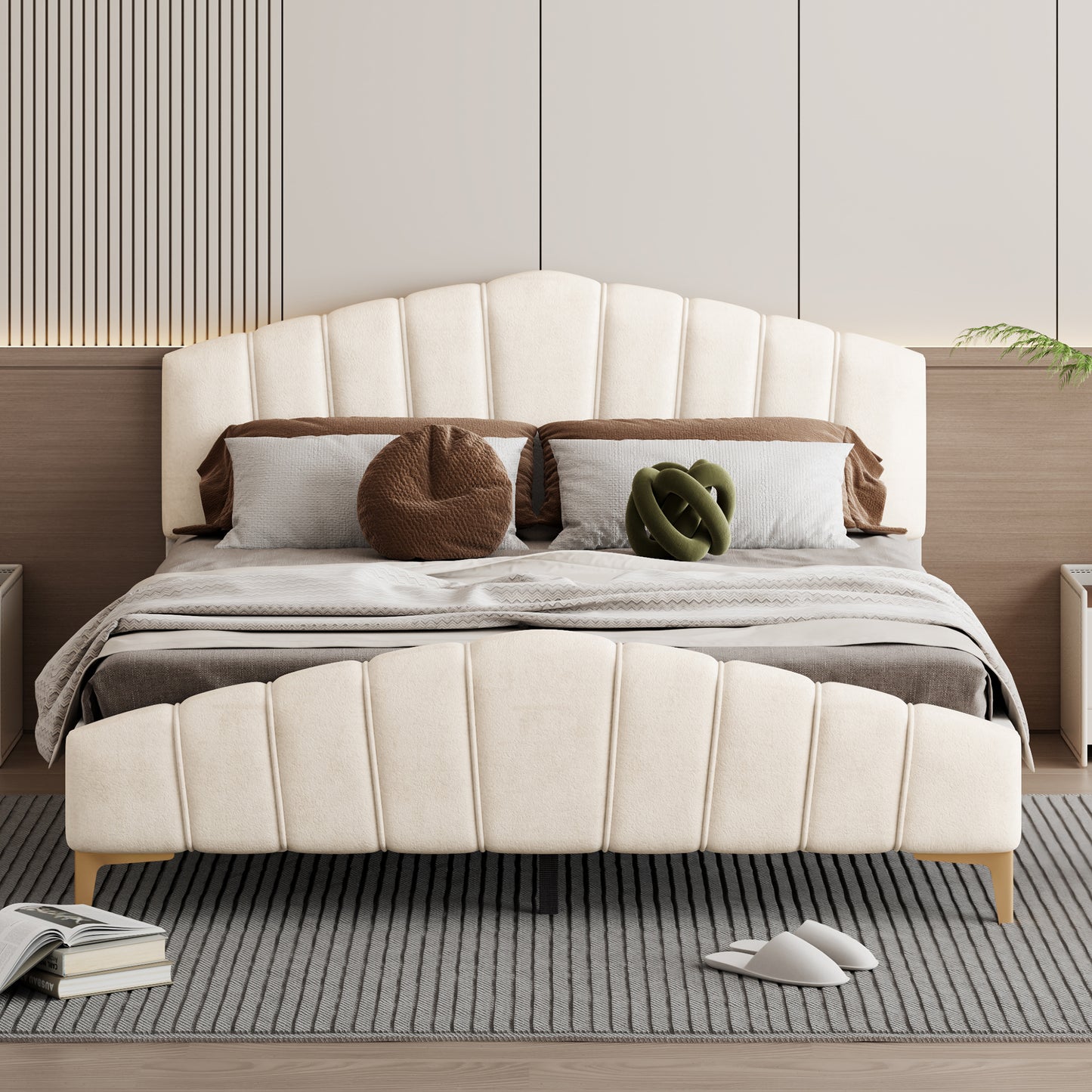 Queen Size Velvet Platform Bed with Thick Fabric, Stylish Stripe Decorated Bedboard and Elegant Metal Bed Leg, Beige