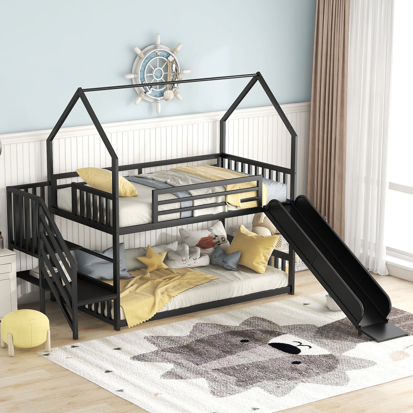 Twin Size Metal Bunk Bed House Bed with Slide and Staircase, Black