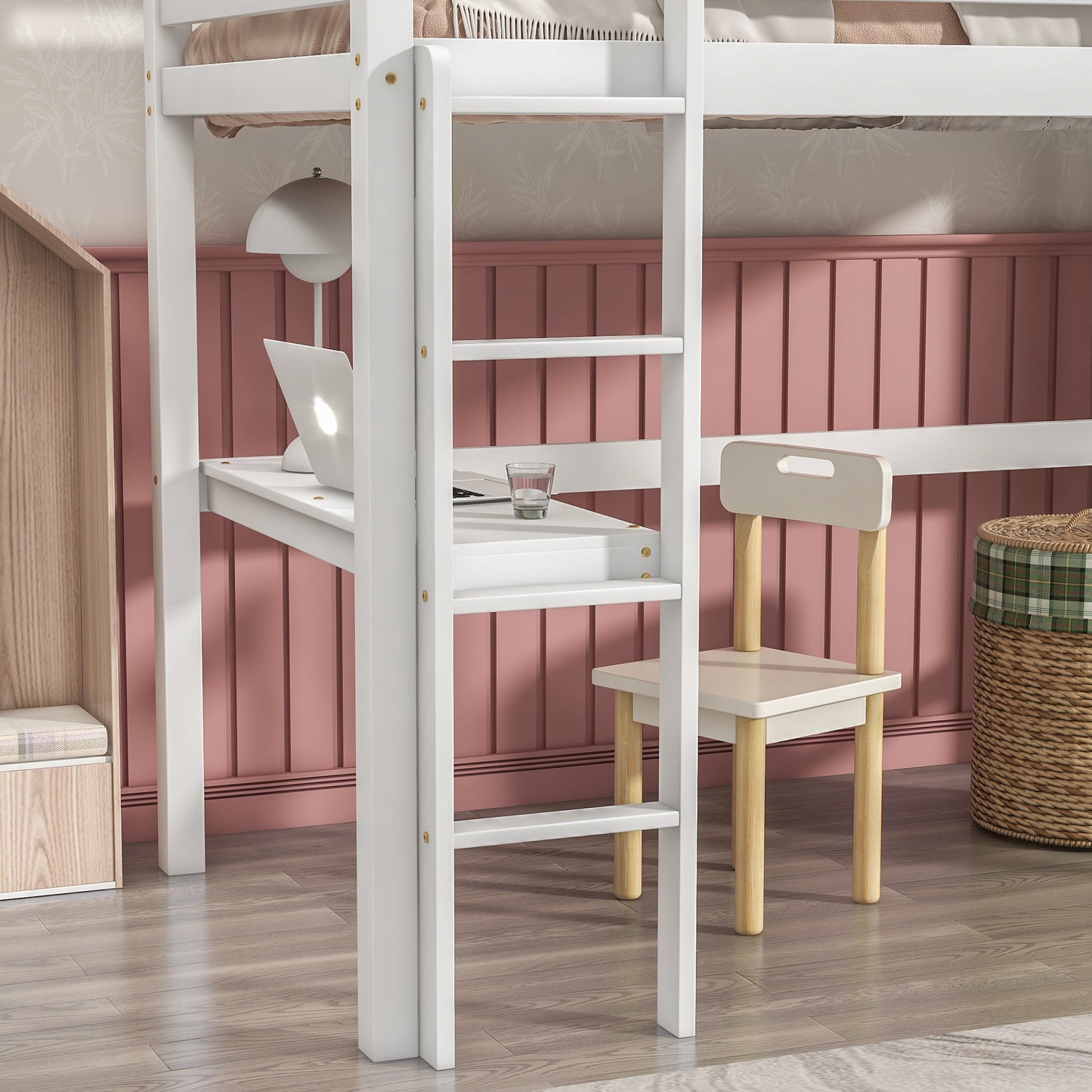 Twin Loft Bed with  built-in desk,White