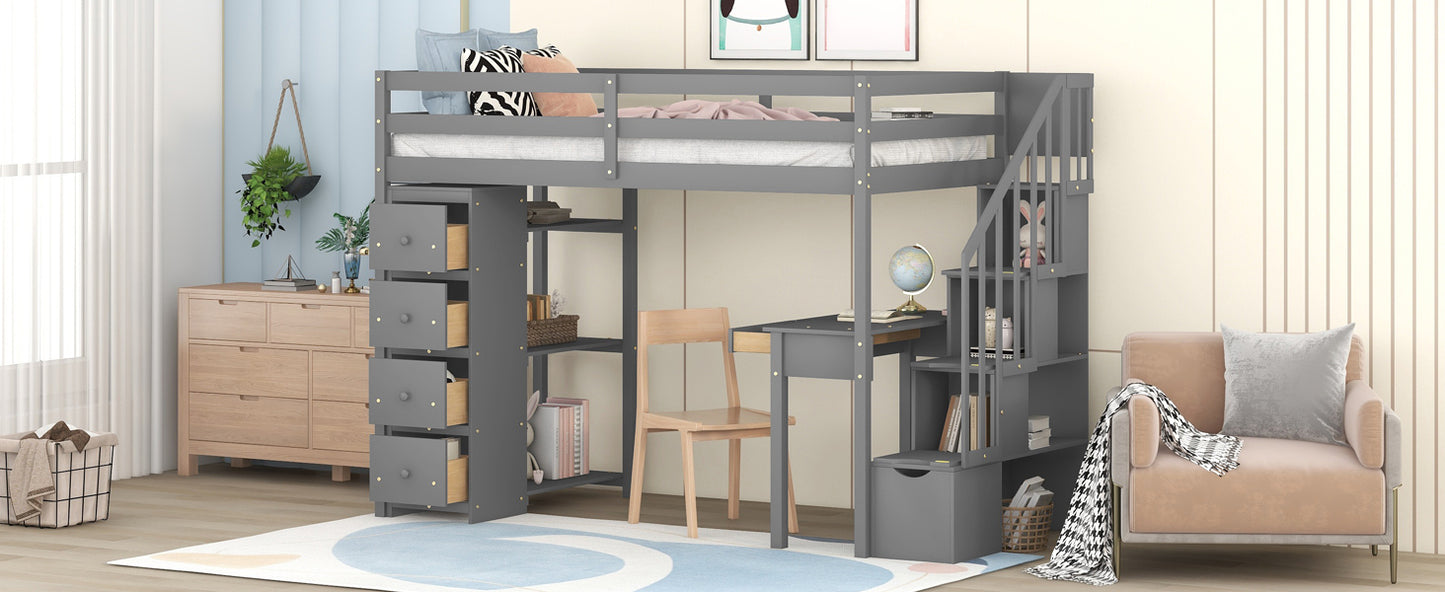 Twin size Loft Bed with Storage Drawers ,Desk and Stairs, Wooden Loft Bed with Shelves - Gray