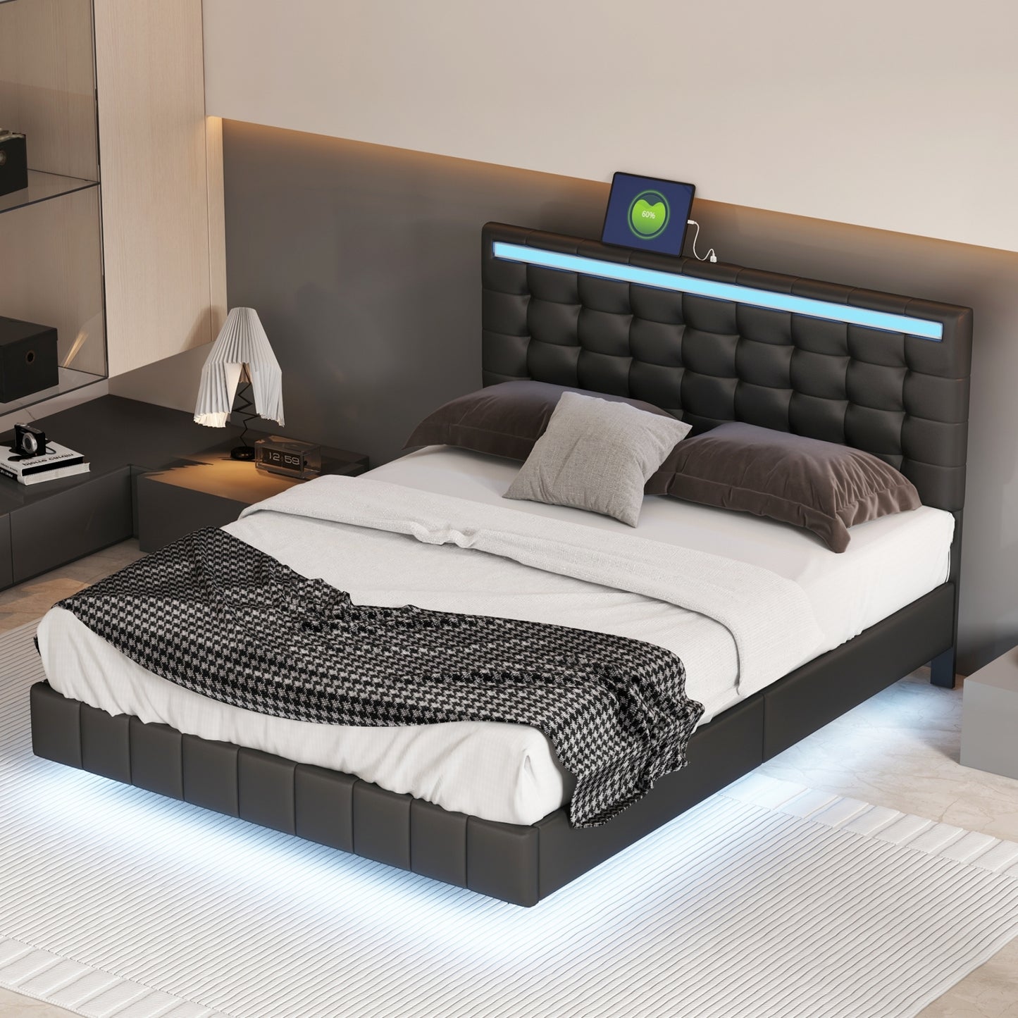 Queen Size Floating Bed Frame with LED Lights and USB Charging,Modern Upholstered Platform LED Bed Frame,Black