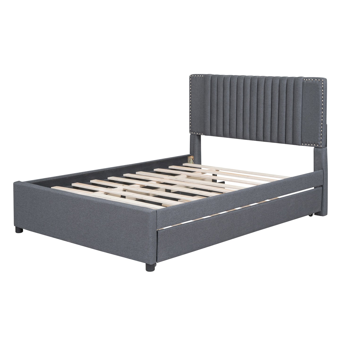 Full Size Upholstered Platform Bed with 2 Drawers and 1 Twin Size Trundle, Classic Headboard Design, Gray