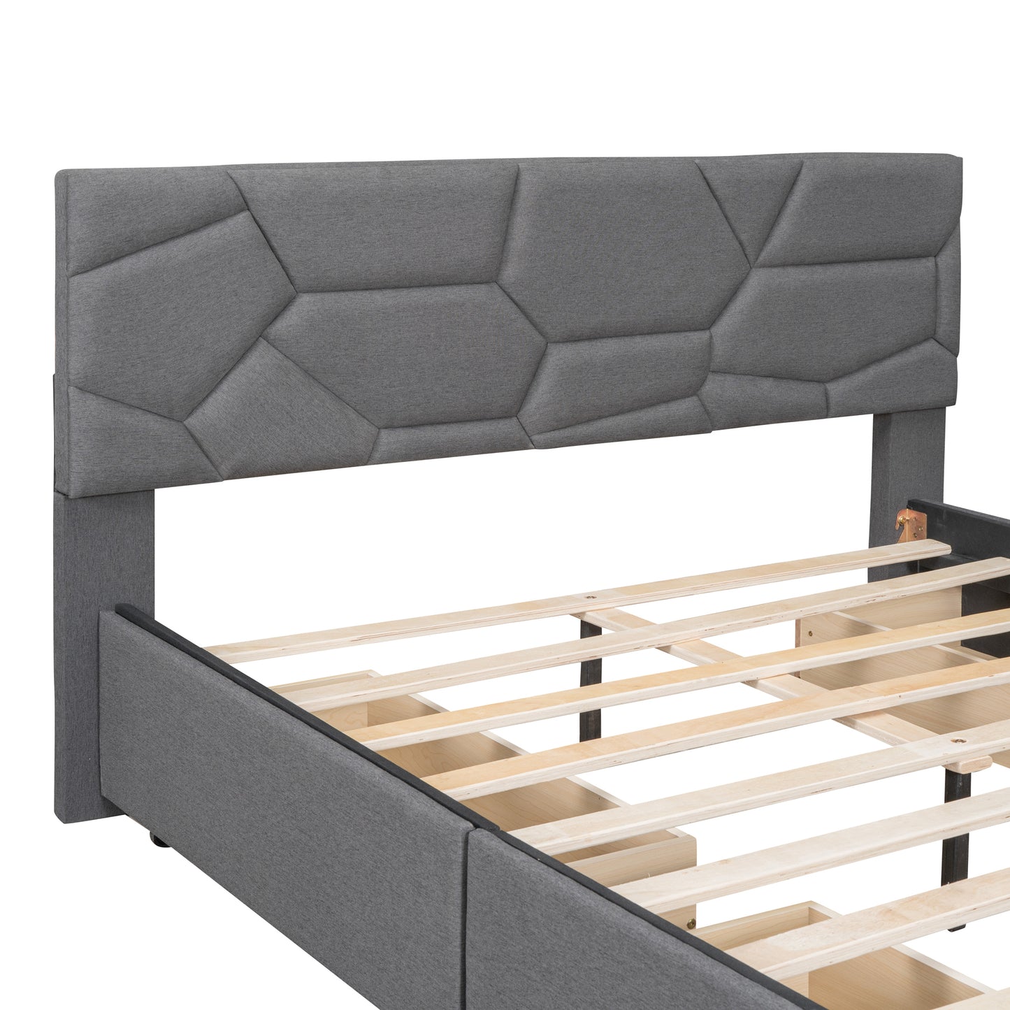 Queen Size Upholstered Platform Bed with Brick Pattern Headboard and 4 Drawers, Linen Fabric, Gray