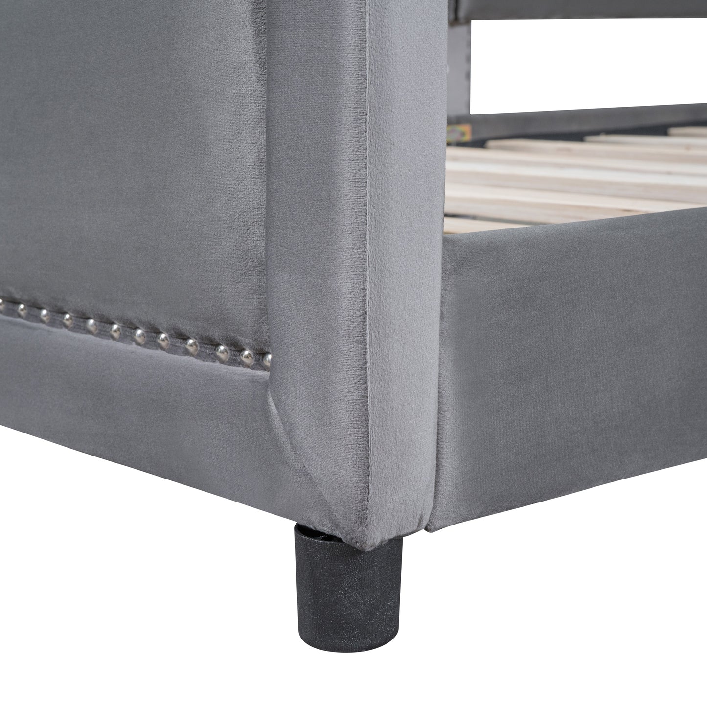 Twin Size Upholstered Daybed with Classic Stripe Shaped  Headboard, Gray