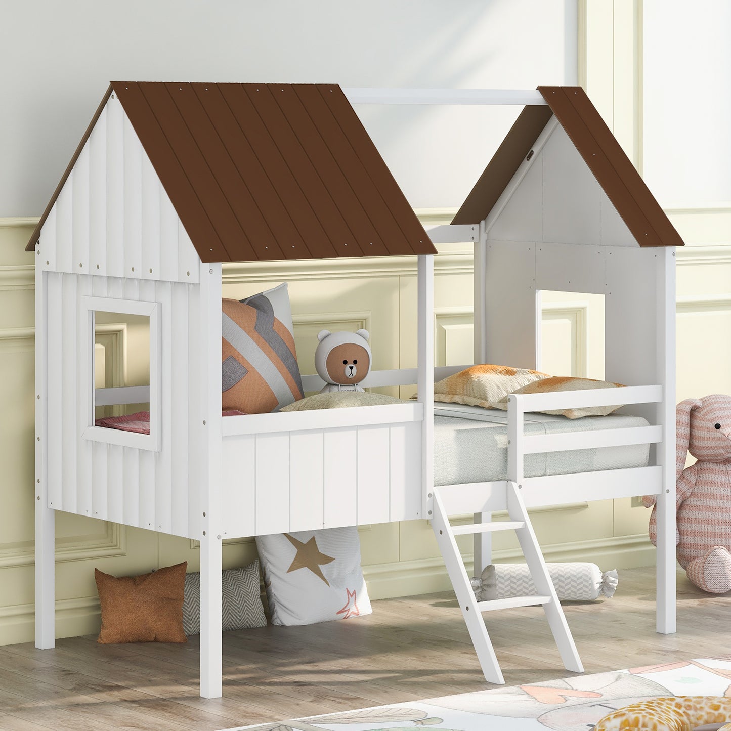 Twin Size Low Loft Wood House Bed with Two Side Windows  (White+Brown)