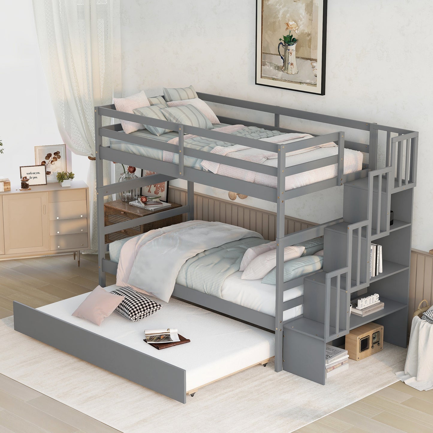 Twin over Twin Bunk Beds With Twin Trundle and Stairway Storage Function in Grey Color