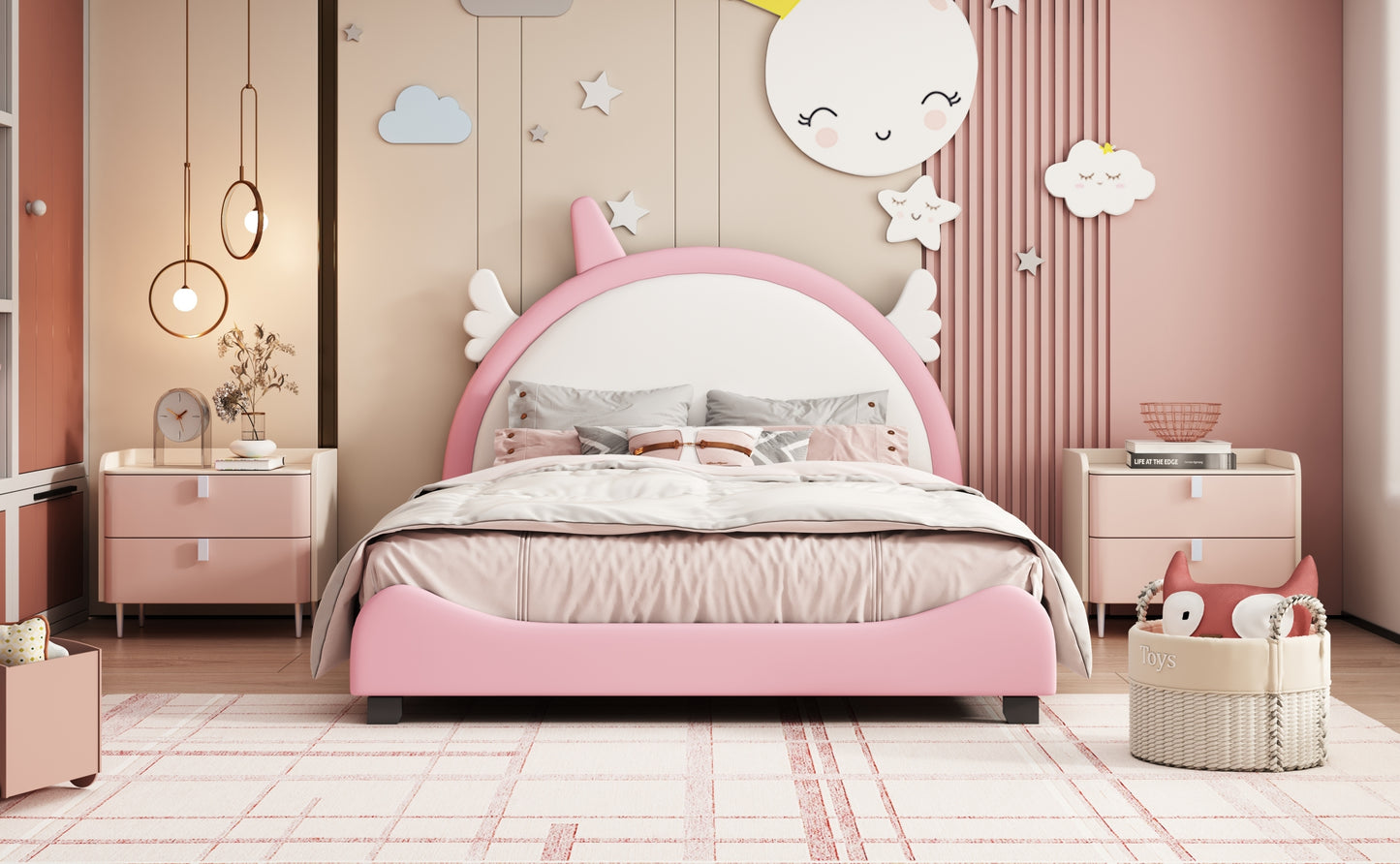 Cute Full size Upholstered Bed With Unicorn Shape Headboard,Full Size Platform Bed with Headboard and Footboard,White+Pink