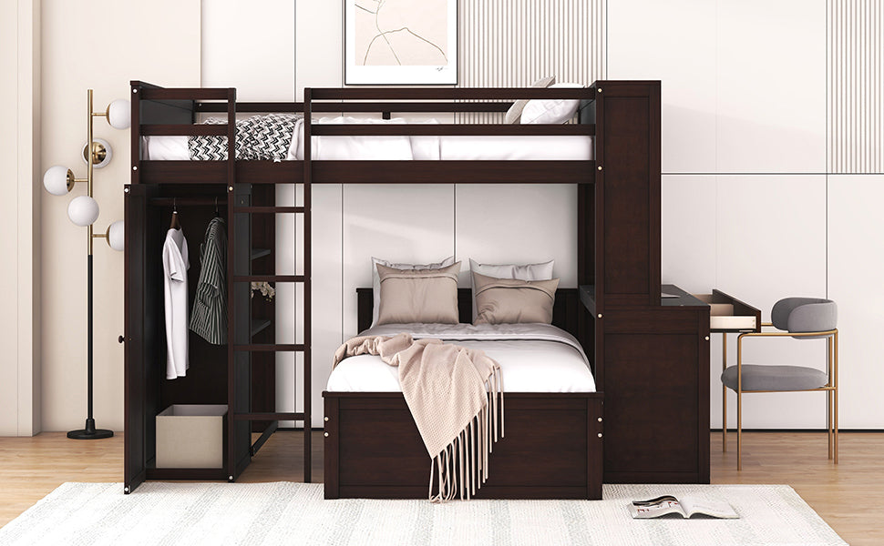 Full size Loft Bed with a twin size Stand-alone bed, Shelves,Desk,and Wardrobe-Espresso
