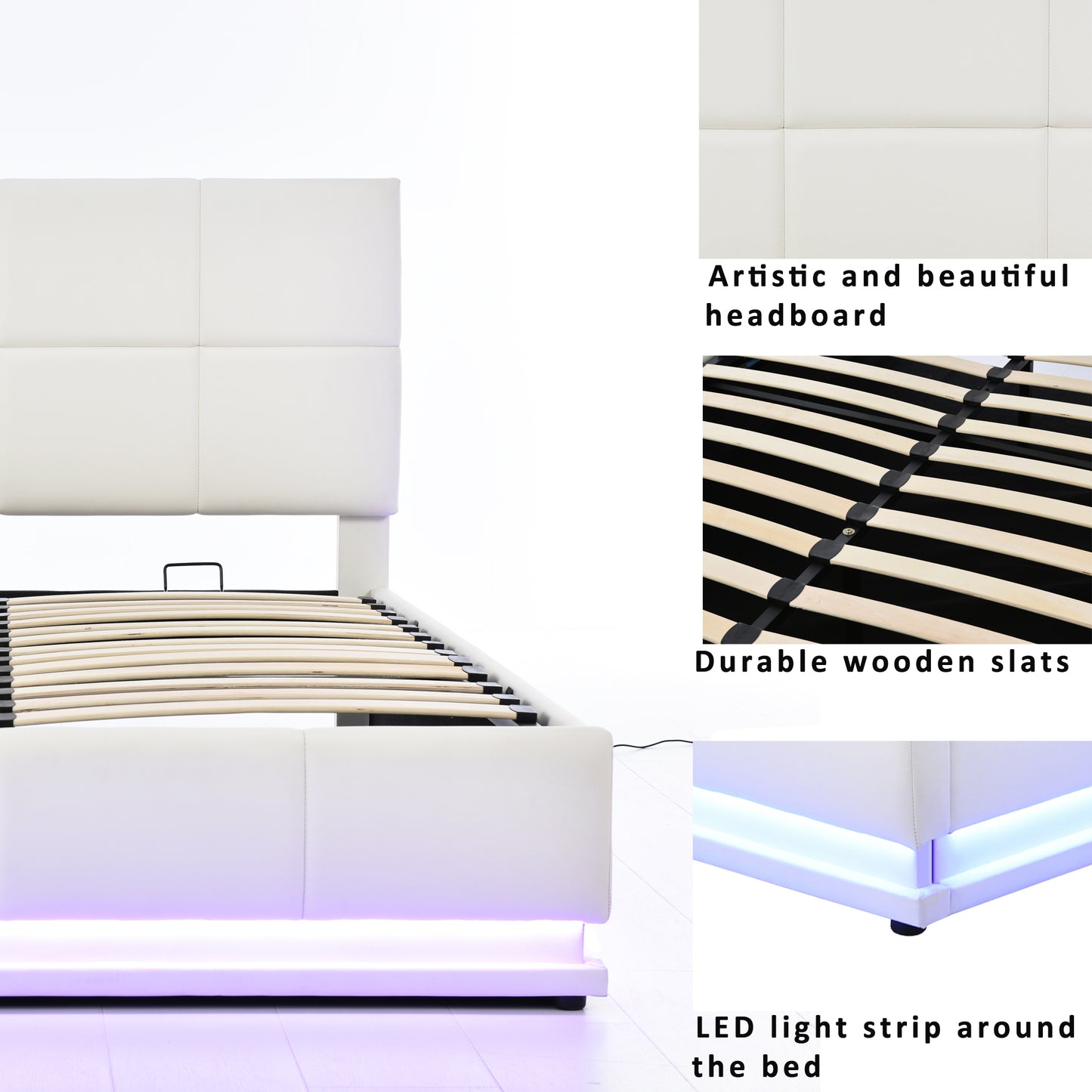 Tufted Upholstered Platform Bed with Hydraulic Storage System,Queen Size PU Storage Bed with LED Lights and USB charger, White