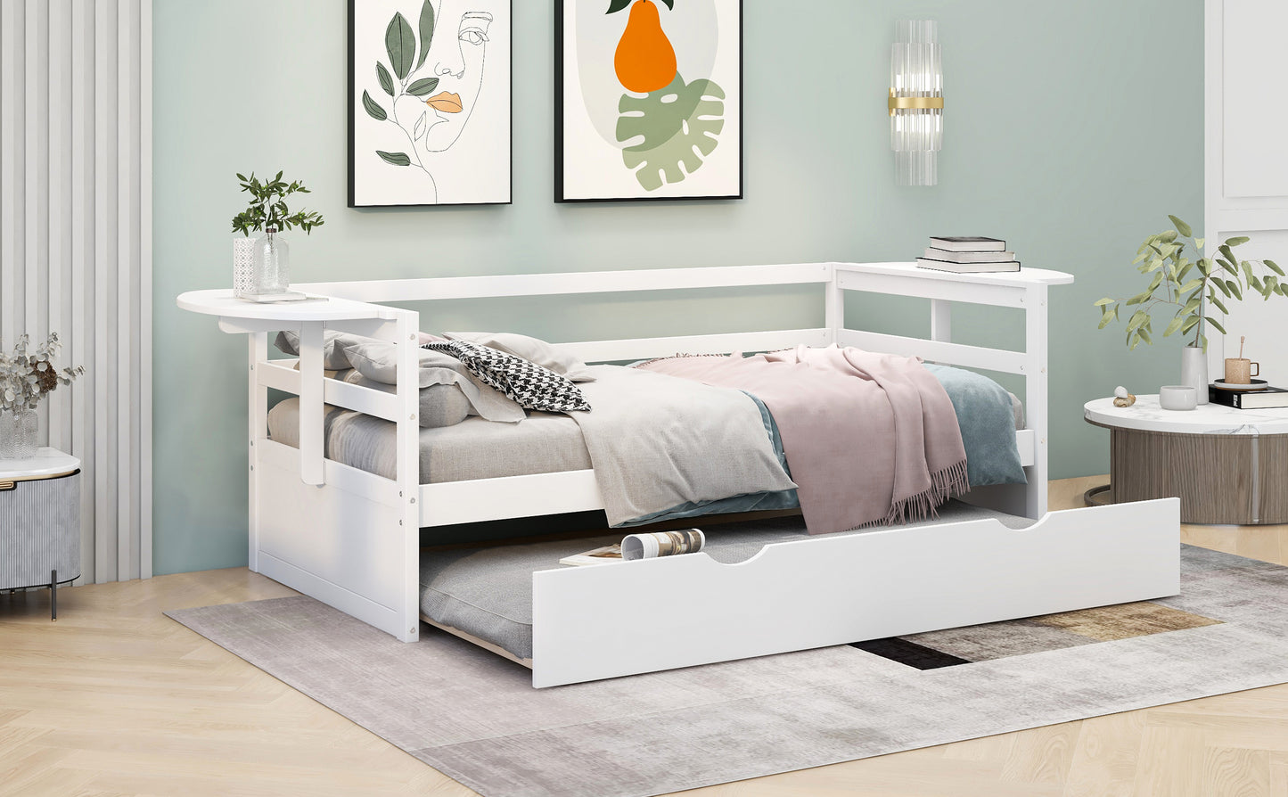 Twin Size Daybed with Trundle and Foldable Shelves on Both Sides,White