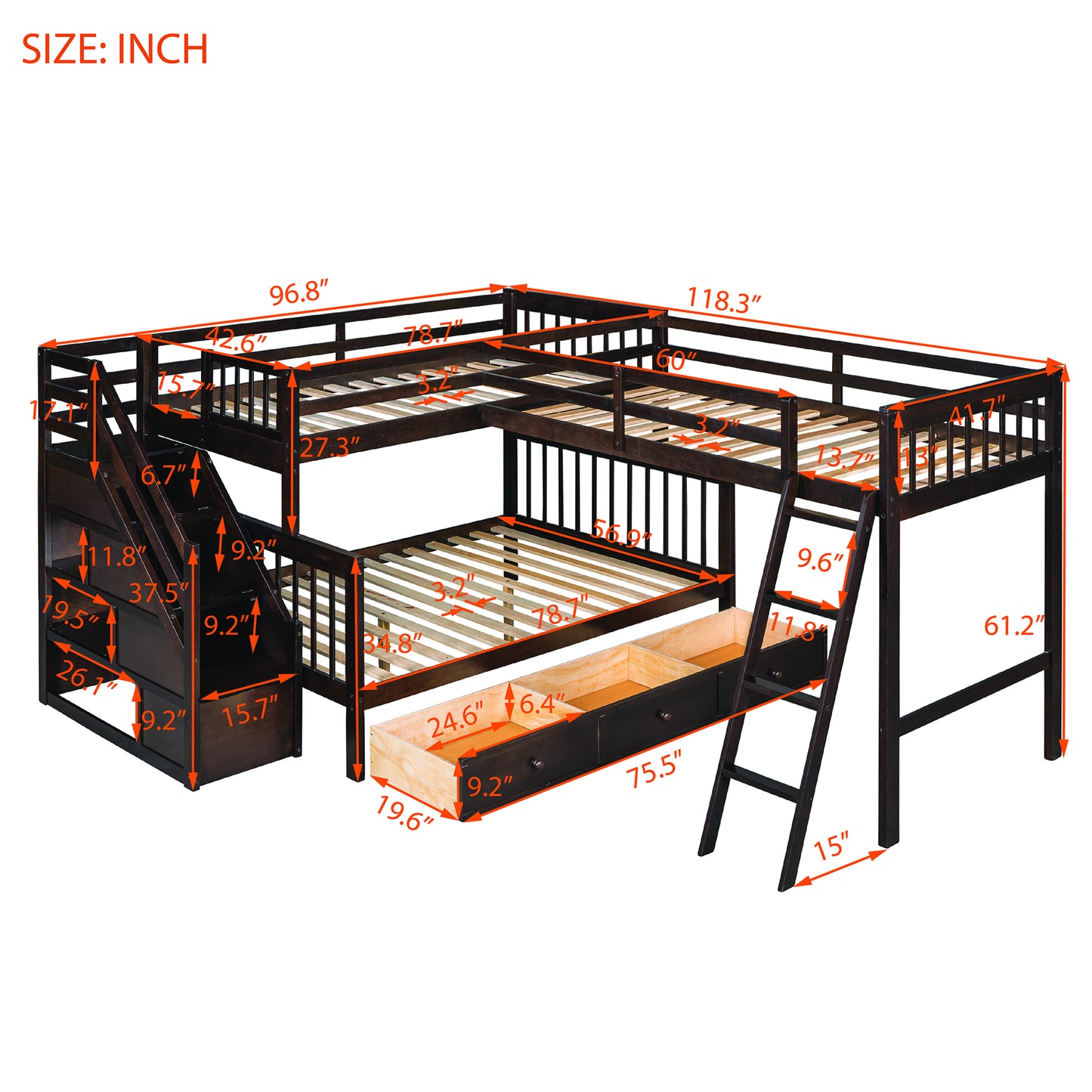 Twin over Full L-Shaped Bunk Bed With 3 Drawers, Ladder and Staircase - Espresso