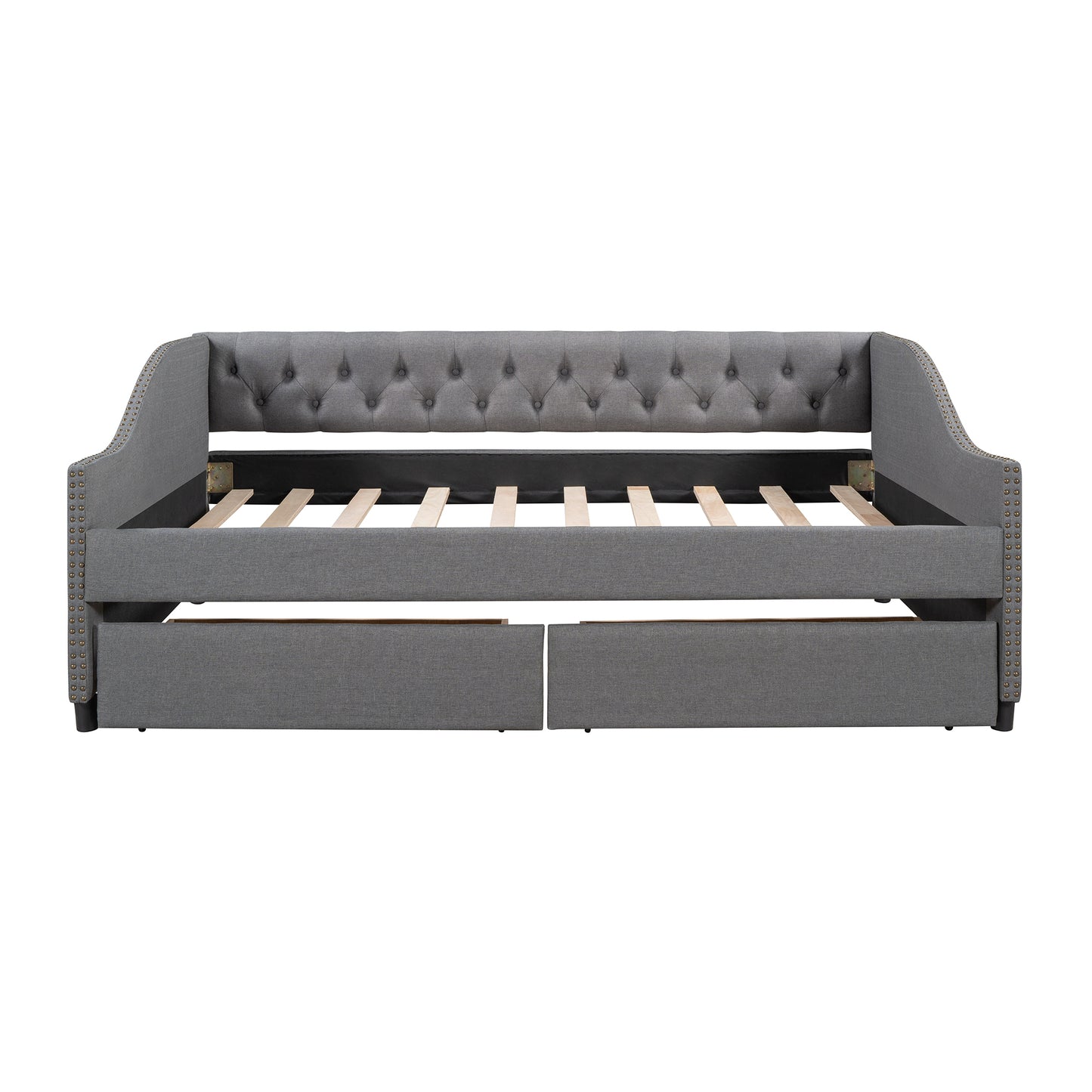 Upholstered daybed with Two Drawers, Wood Slat Support, Gray, Full Size
