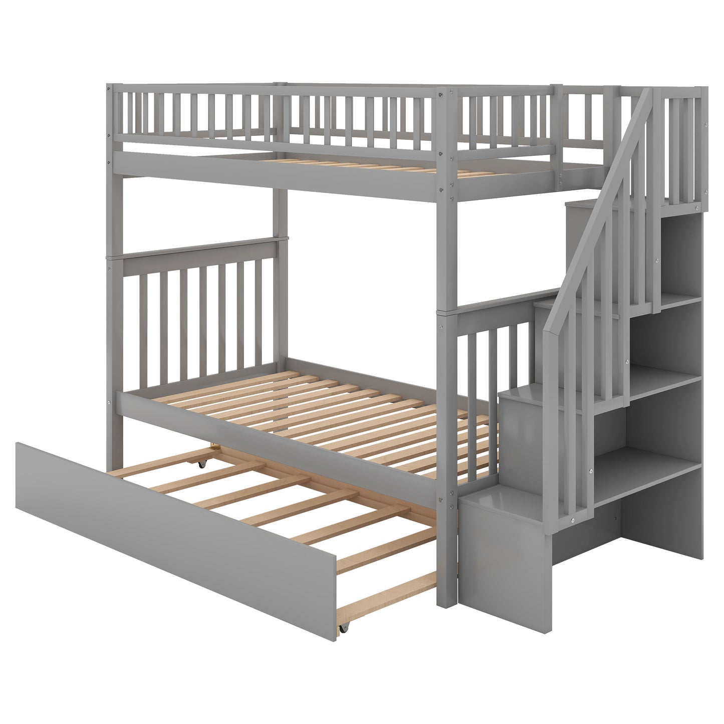 Twin over Twin Bunk Bed with Trundle and Storage, Gray