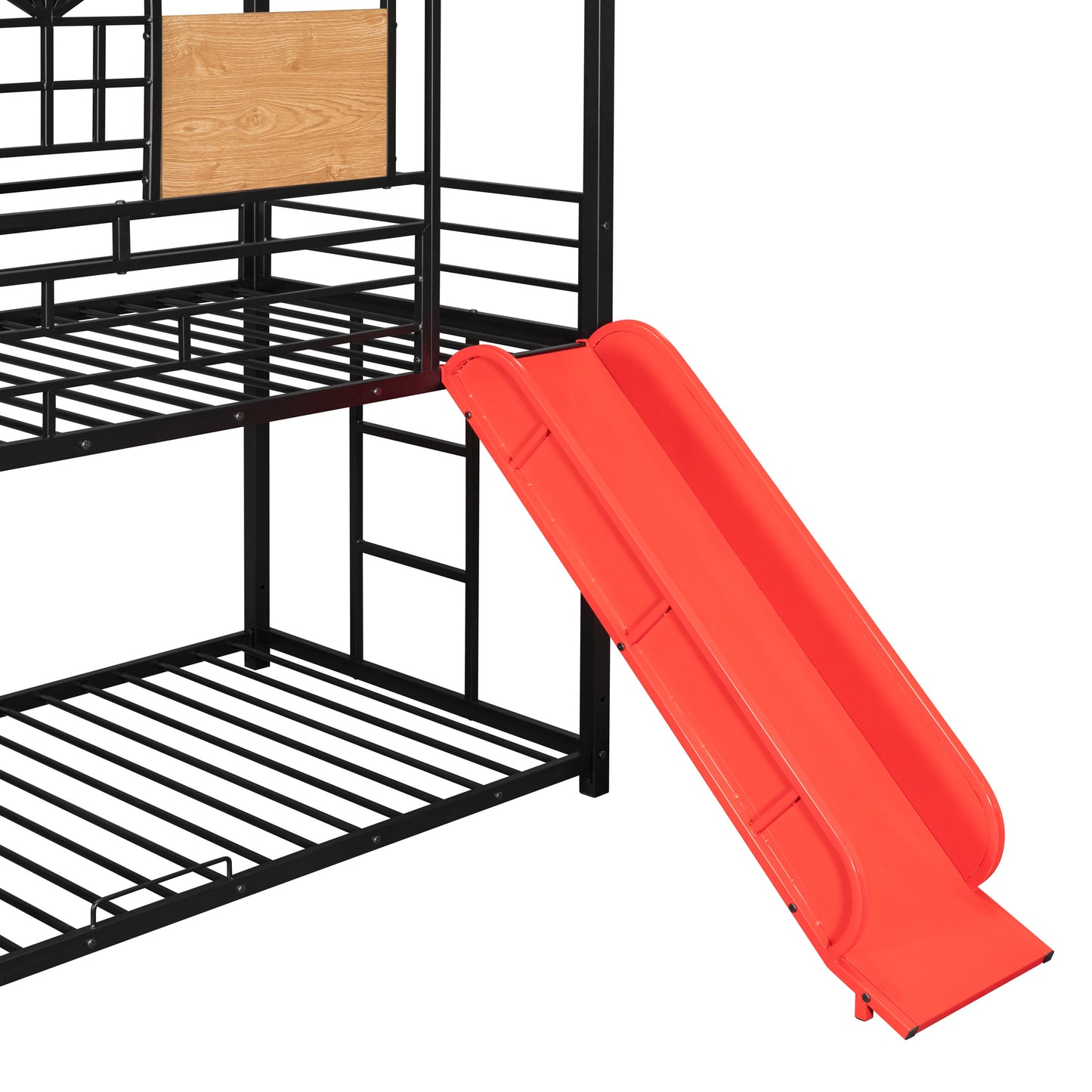Twin Over Twin Metal Bunk Bed, Metal Housebed with Slide and Storage Stair, Black with Red Slide