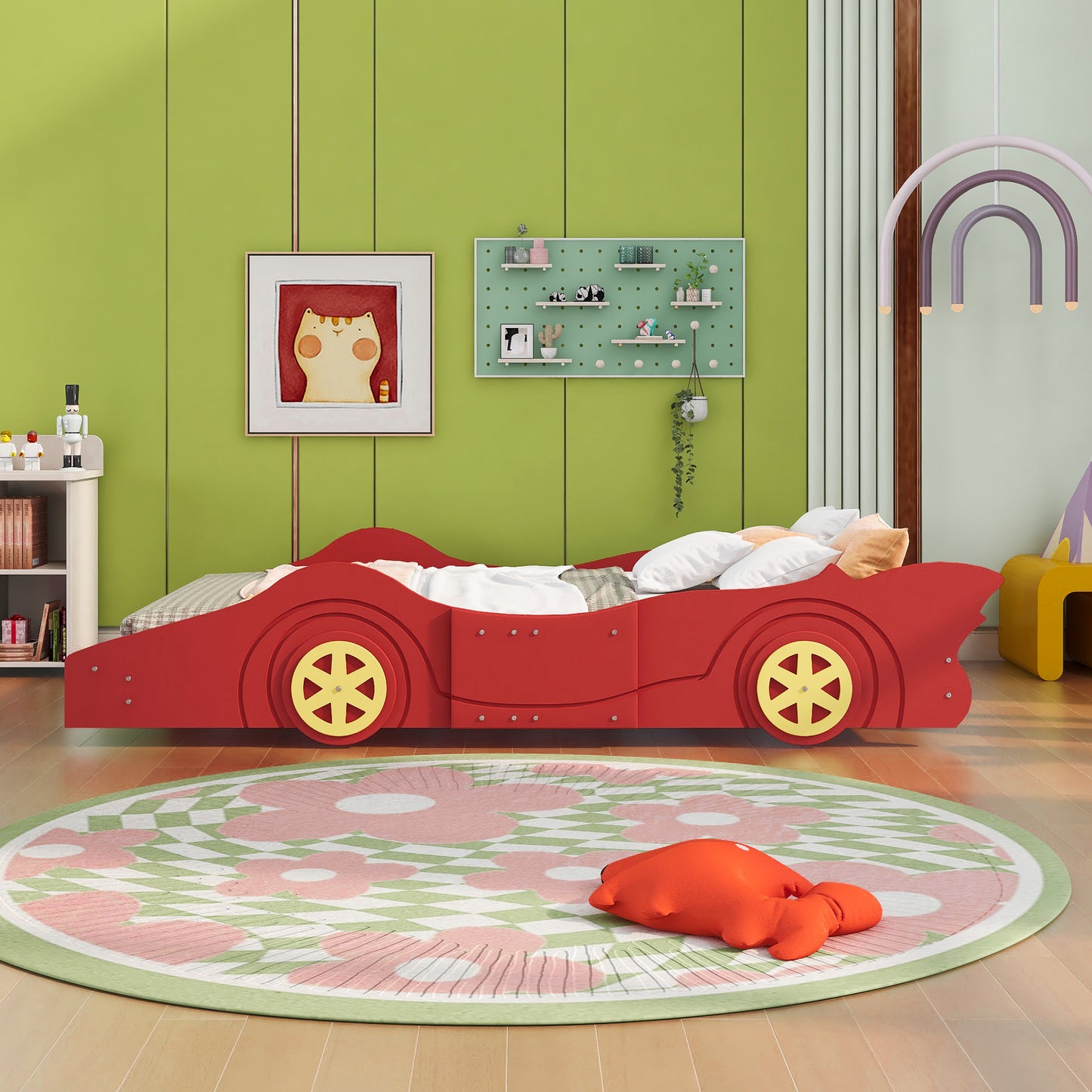 Full Size Race Car-Shaped Platform Bed with Wheels,Red