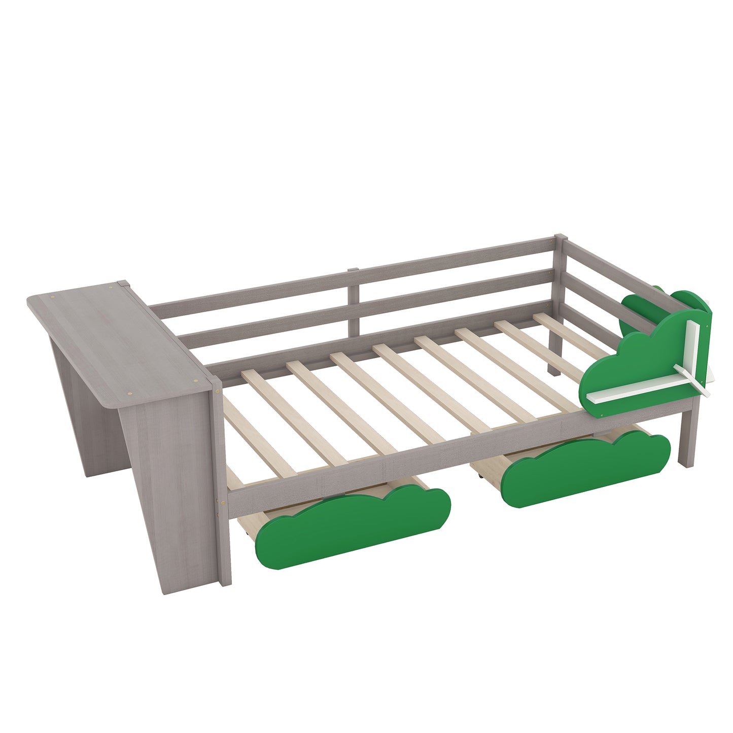 Twin Size Daybed with Desk, Green Leaf Shape Drawers and Shelves, Gray