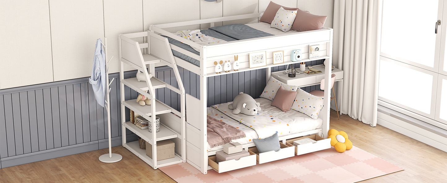 Wood Full Size Convertible Bunk Bed with Storage Staircase, Bedside Table, and 3 Drawers, White