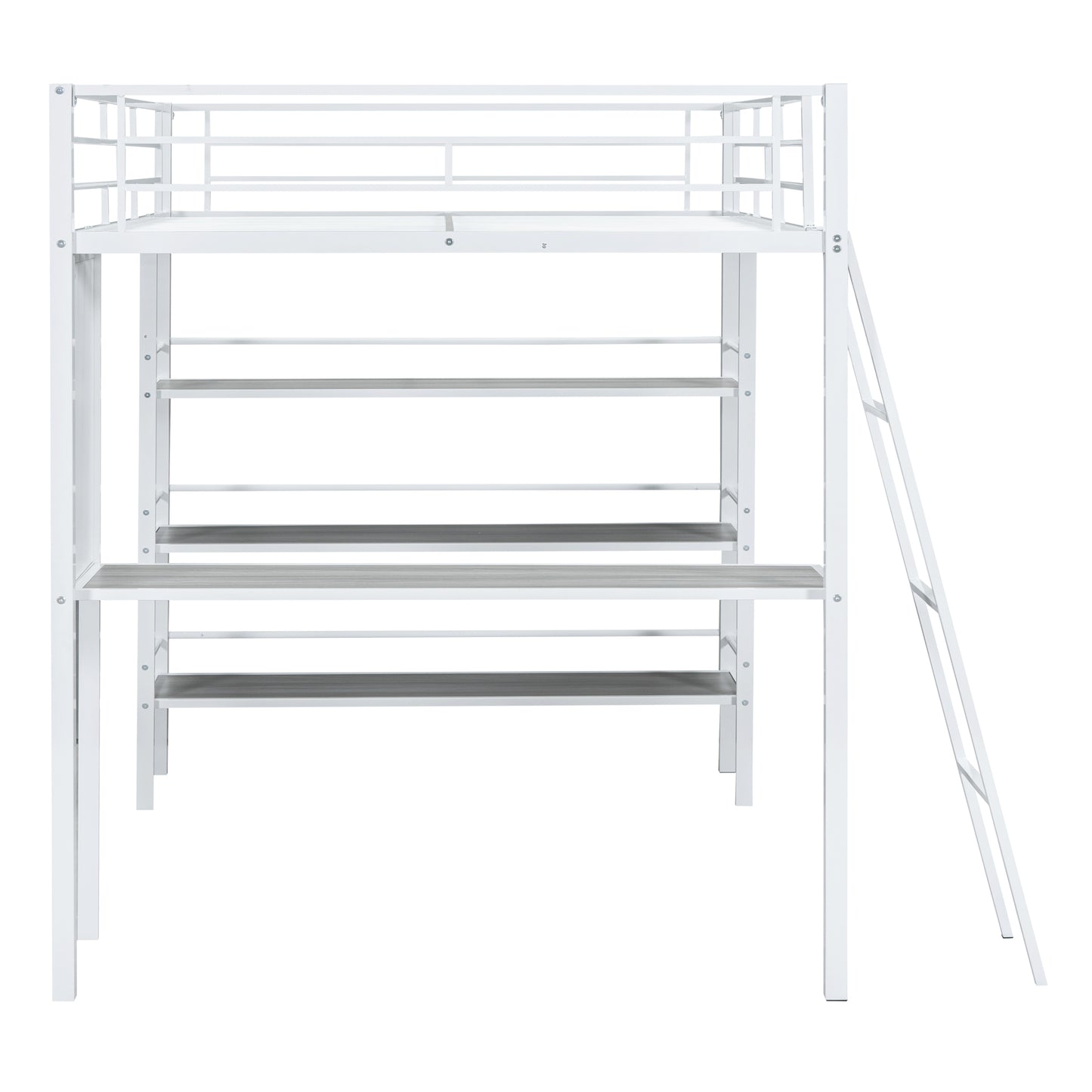 Full Size Loft Metal Bed with 3 Layers of Shelves and Desk, Stylish Metal Frame Bed with Whiteboard, White