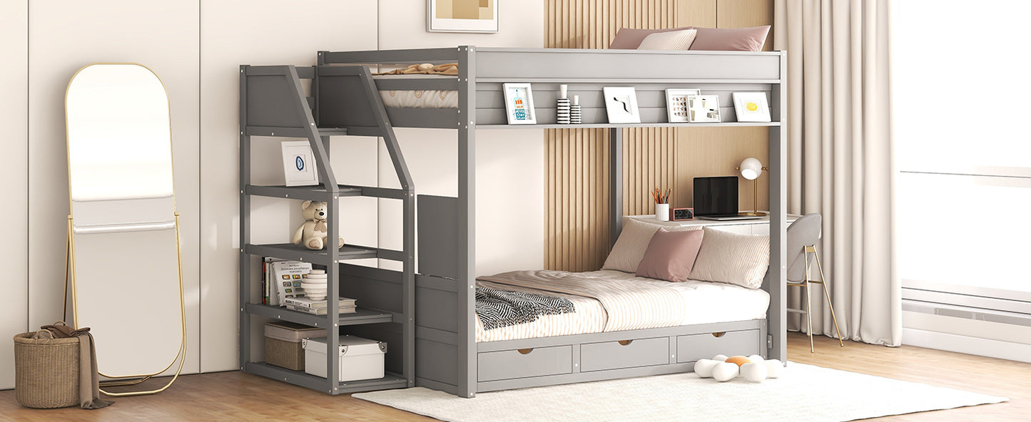 Wood Full Size Convertible Bunk Bed with Storage Staircase, Bedside Table, and 3 Drawers, Gray