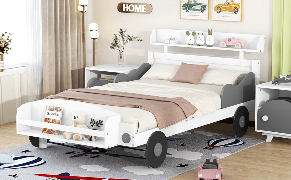 Twin Size Car-Shaped Platform Bed,Twin Bed with Storage Shelf for Bedroom,White