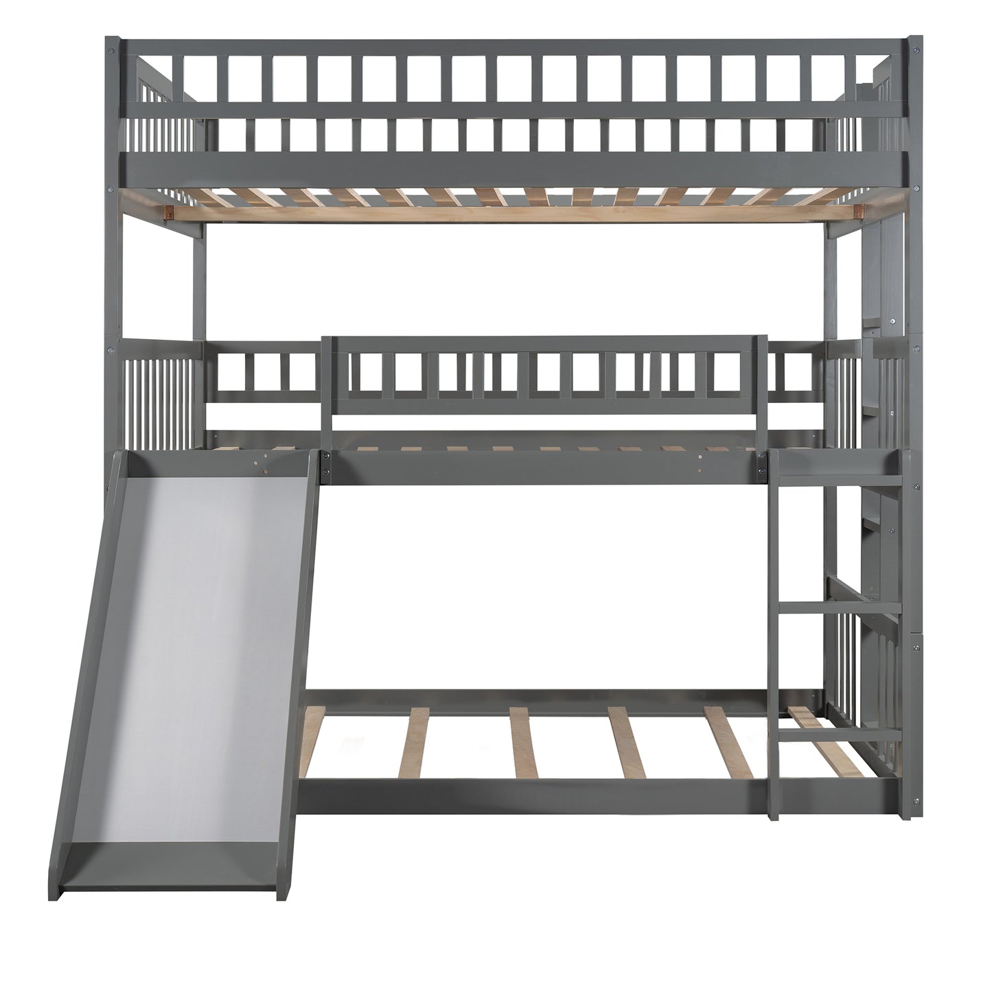Full-Over-Full-Over-Full Triple Bed with Built-in Ladder and Slide , Triple Bunk Bed with Guardrails, Gray