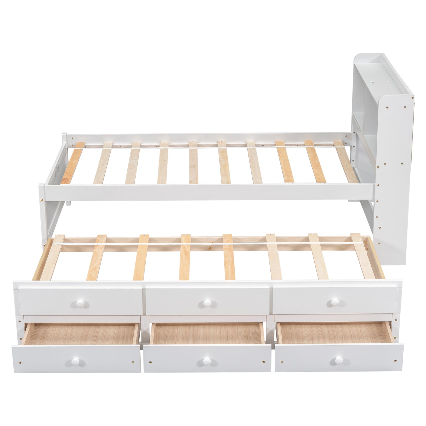 Twin Size Platform Bed with Built-in USB ,Type-C Ports, LED light, Bookcase Headboard, Trundle and 3 Storage Drawers, White