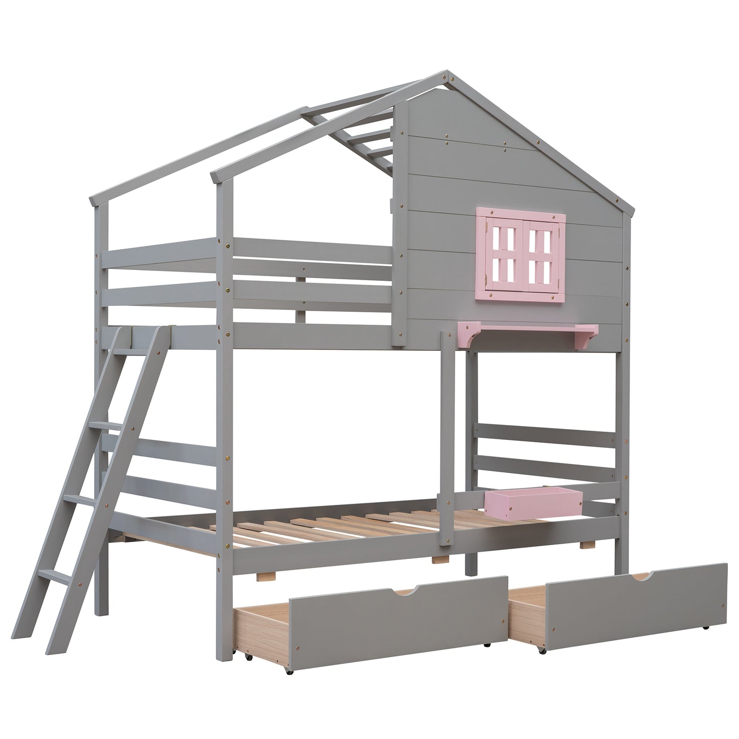 Twin over Twin Bunk Bed with 2 Drawers, 1 Storage Box, 1 Shelf, Window and Roof-Gray