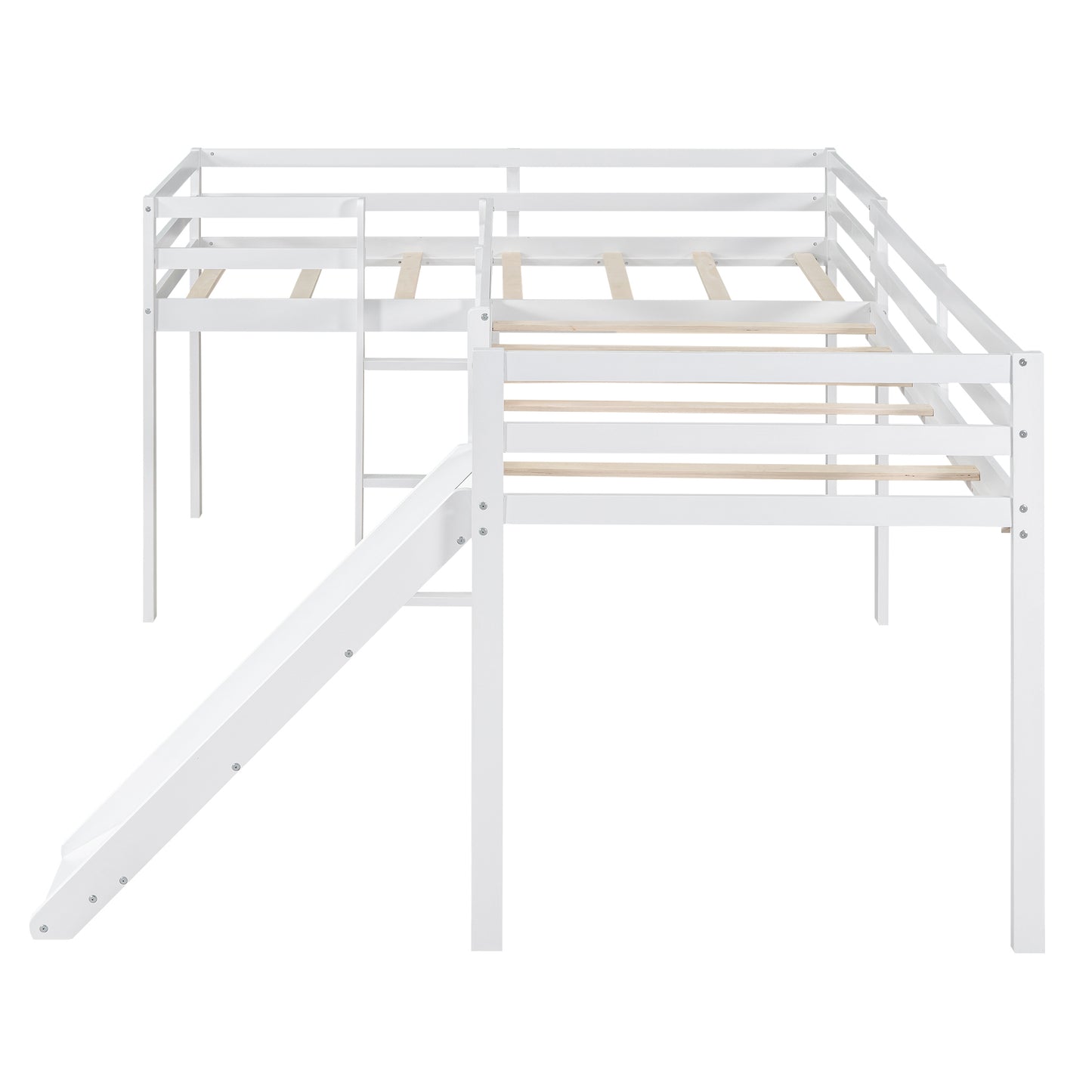 L-Shaped Twin Size Loft Bed with Ladder and Slide, White