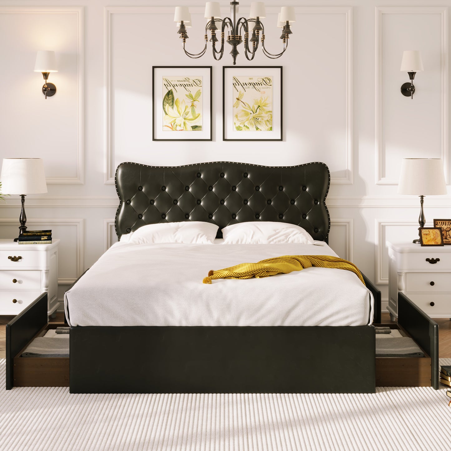 Full Size Bed Frame with 4 Storage Drawers,Leather Upholstered Platform Heavy Duty Bed,Wood Slat Support,Black