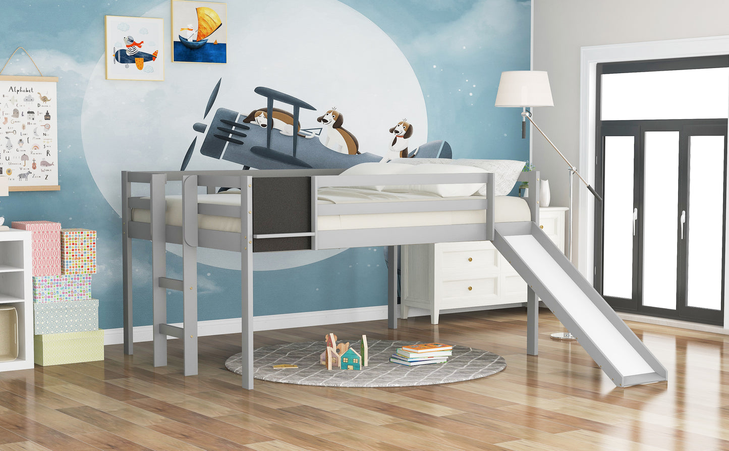 Full size Loft Bed Wood Bed with Slide, Stair and Chalkboard,Gray
