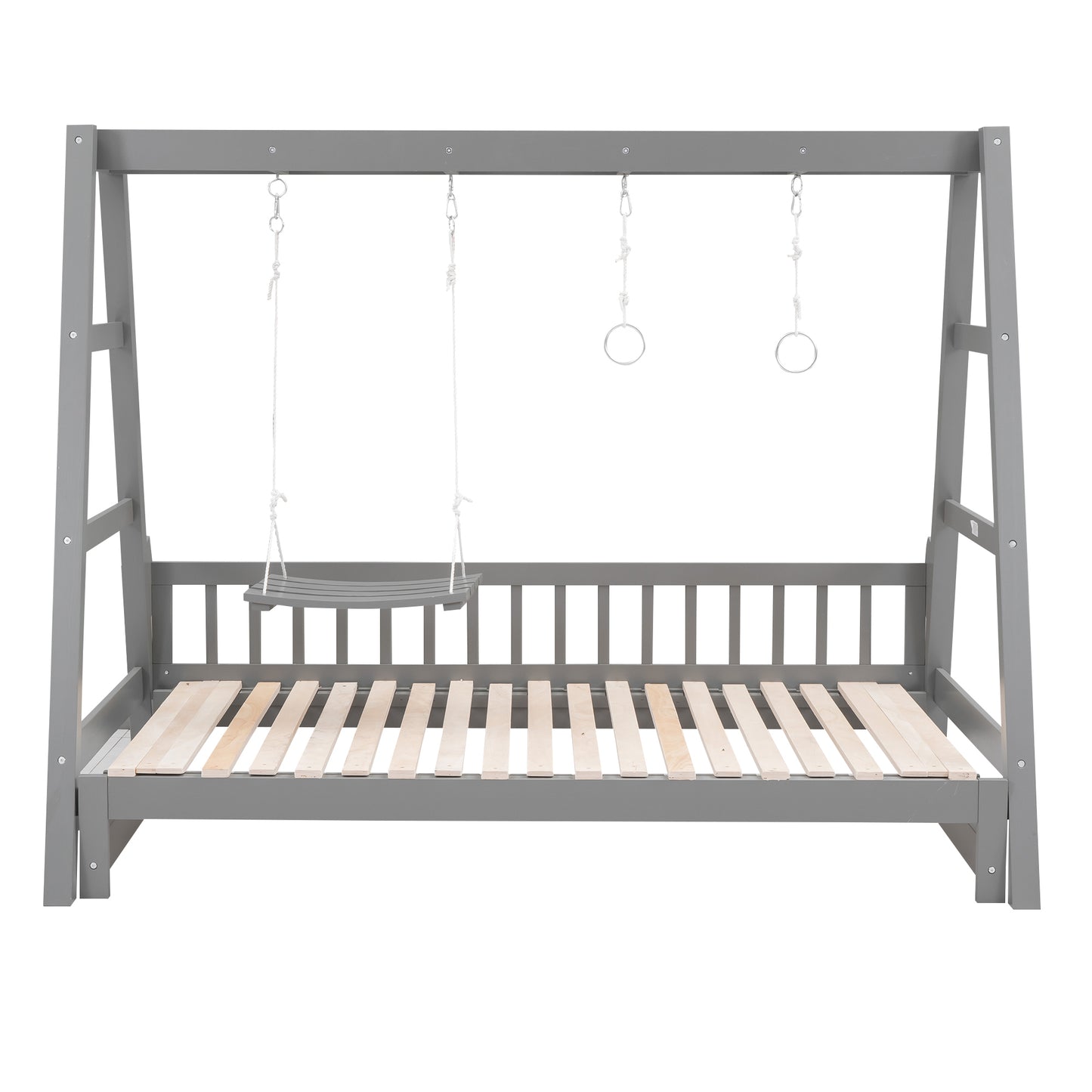 Extendable Twin Daybed with Swing and Ring Handles, Gray(Twin bed can be pulled out to be King)