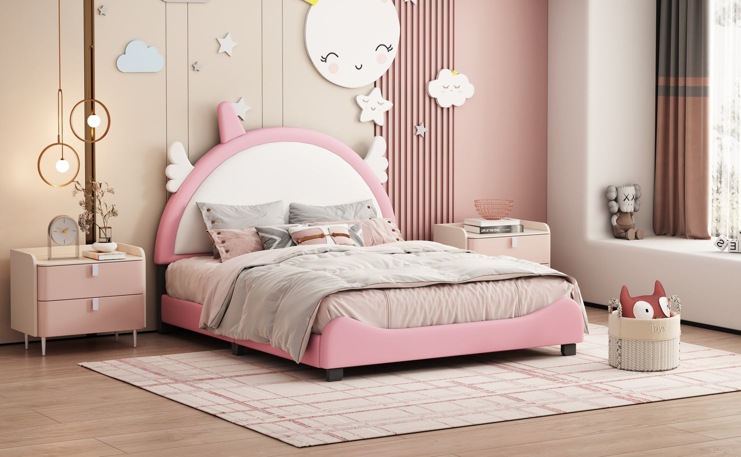 Cute Full size Upholstered Bed With Unicorn Shape Headboard,Full Size Platform Bed with Headboard and Footboard,White+Pink