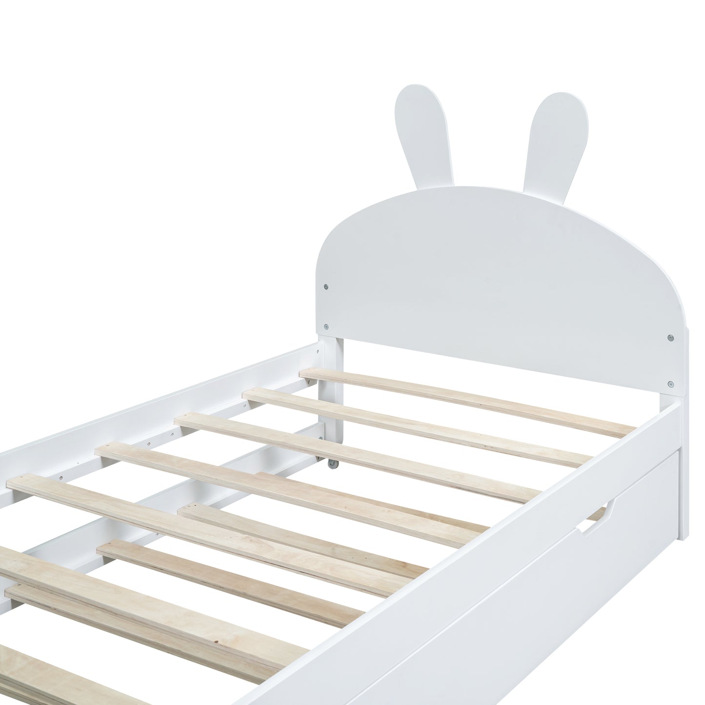 Wood Twin Size Platform Bed with Cartoon Ears Shaped Headboard and Trundle, White