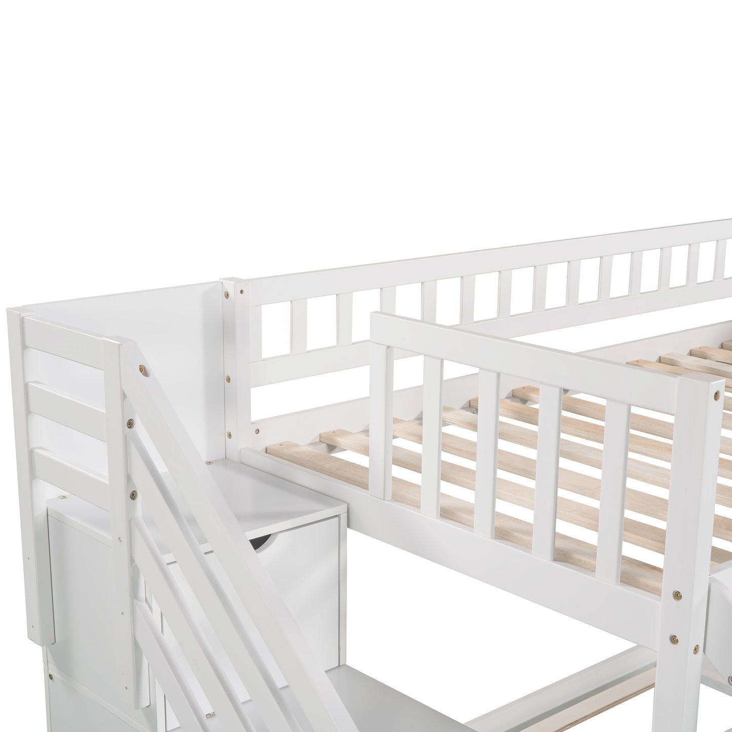 Stairway Twin over Twin Bunk Bed with Two Drawers and Slide, White