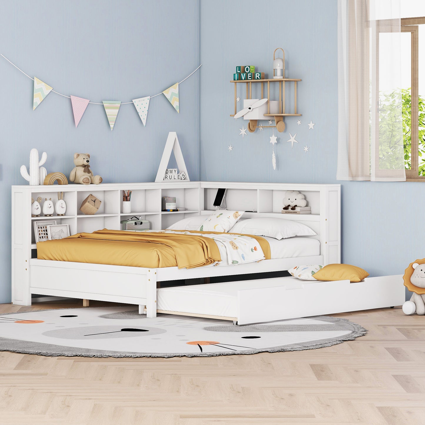 Wooden Full Size DayBed with Twin Size Trundle, DayBed with Storage Shelf and USB Charging Ports,White
