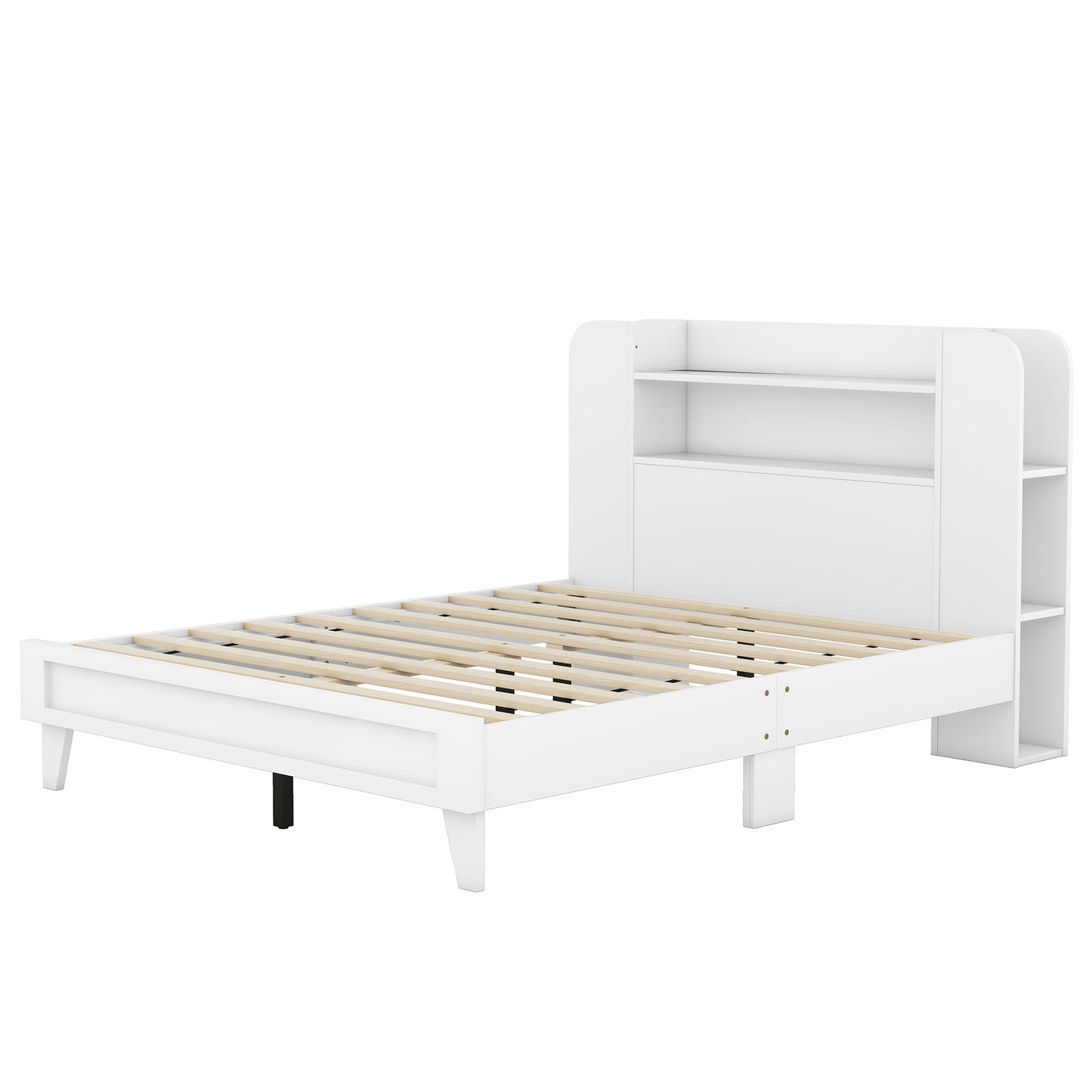 Full Size Platform Bed with Storage Headboard,Multiple Storage Shelves on Both Sides,White
