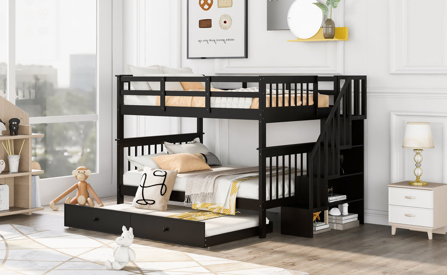 Stairway Full-Over-Full Bunk Bed with Twin size Trundle, Storage and Guard Rail for Bedroom, Dorm - Espresso