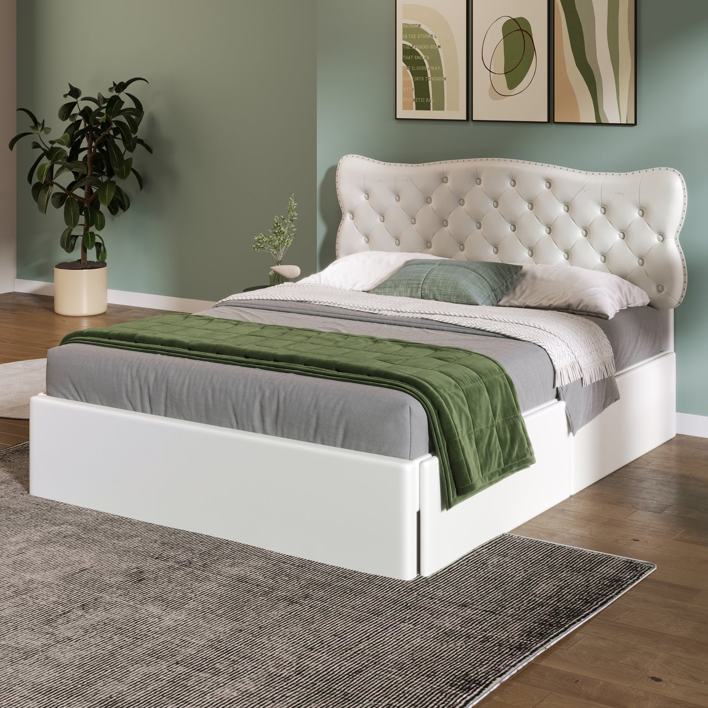 Queen Size Bed Frame with 4 Storage Drawers,Leather Upholstered Platform Heavy Duty Bed,Wood Slat Support,White