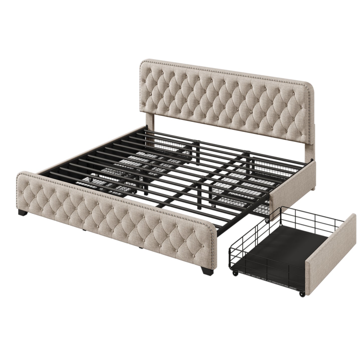 Upholstered Platform Bed Frame with Four Drawers, Button Tufted Headboard and Footboard Sturdy Metal Support, No Box Spring Required, Beige, King